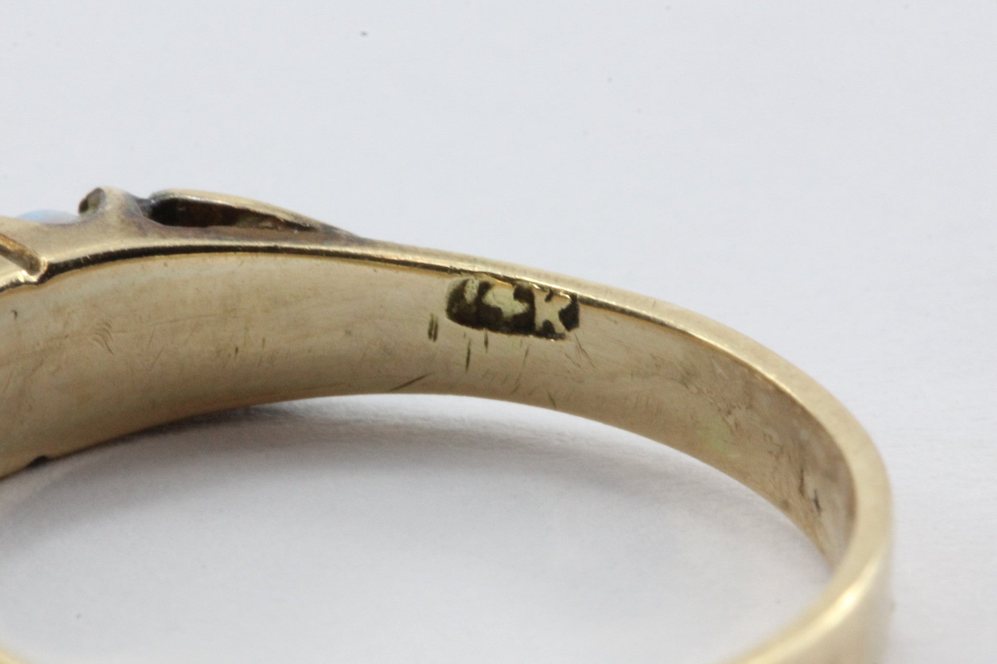 Antique Art Nouveau 14K Gold & Opal Band Ring with Heart Accents - Queen May