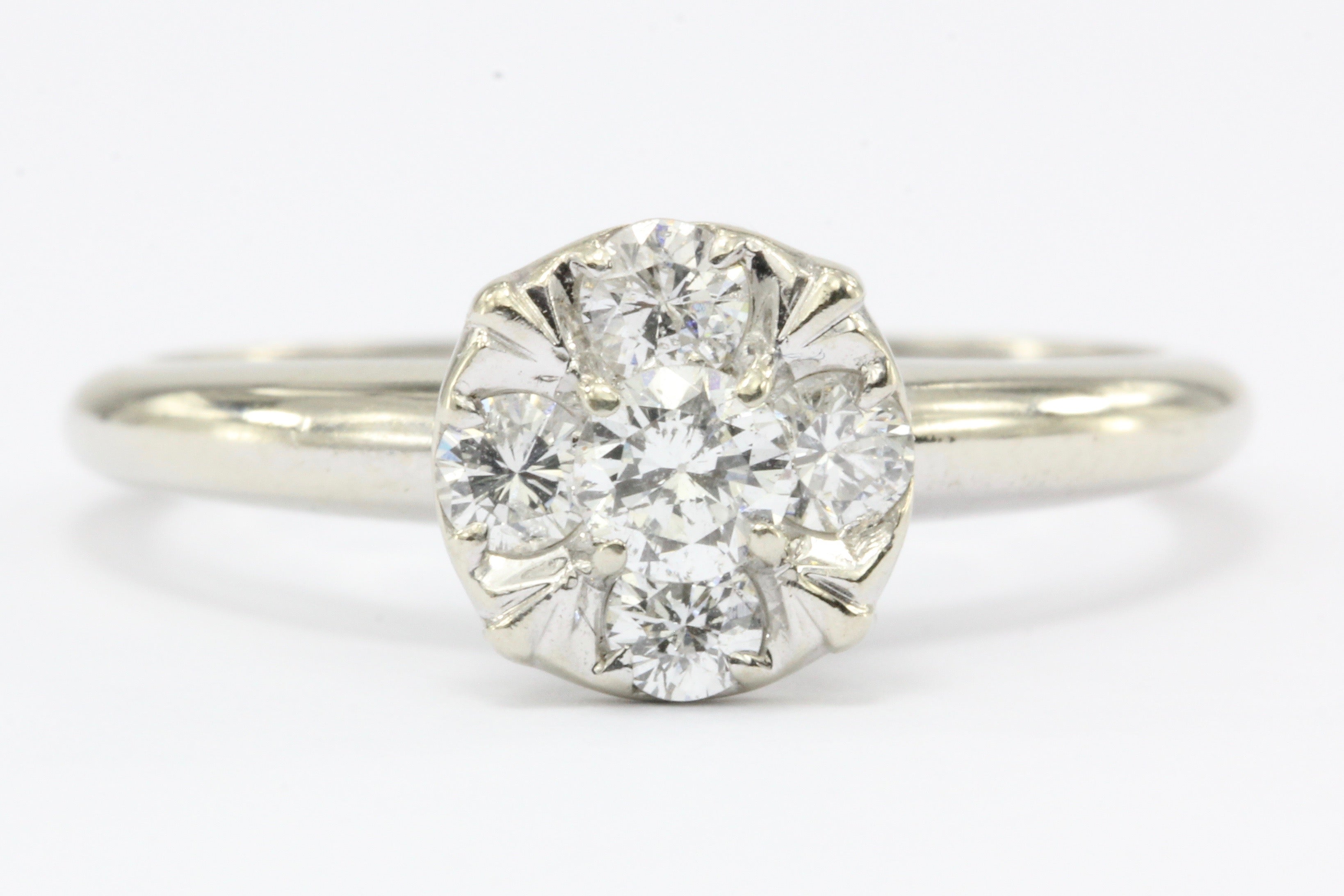 Retro 14K White Gold Diamond Cluster Engagement Ring by Fiancee c.1970 - Queen May