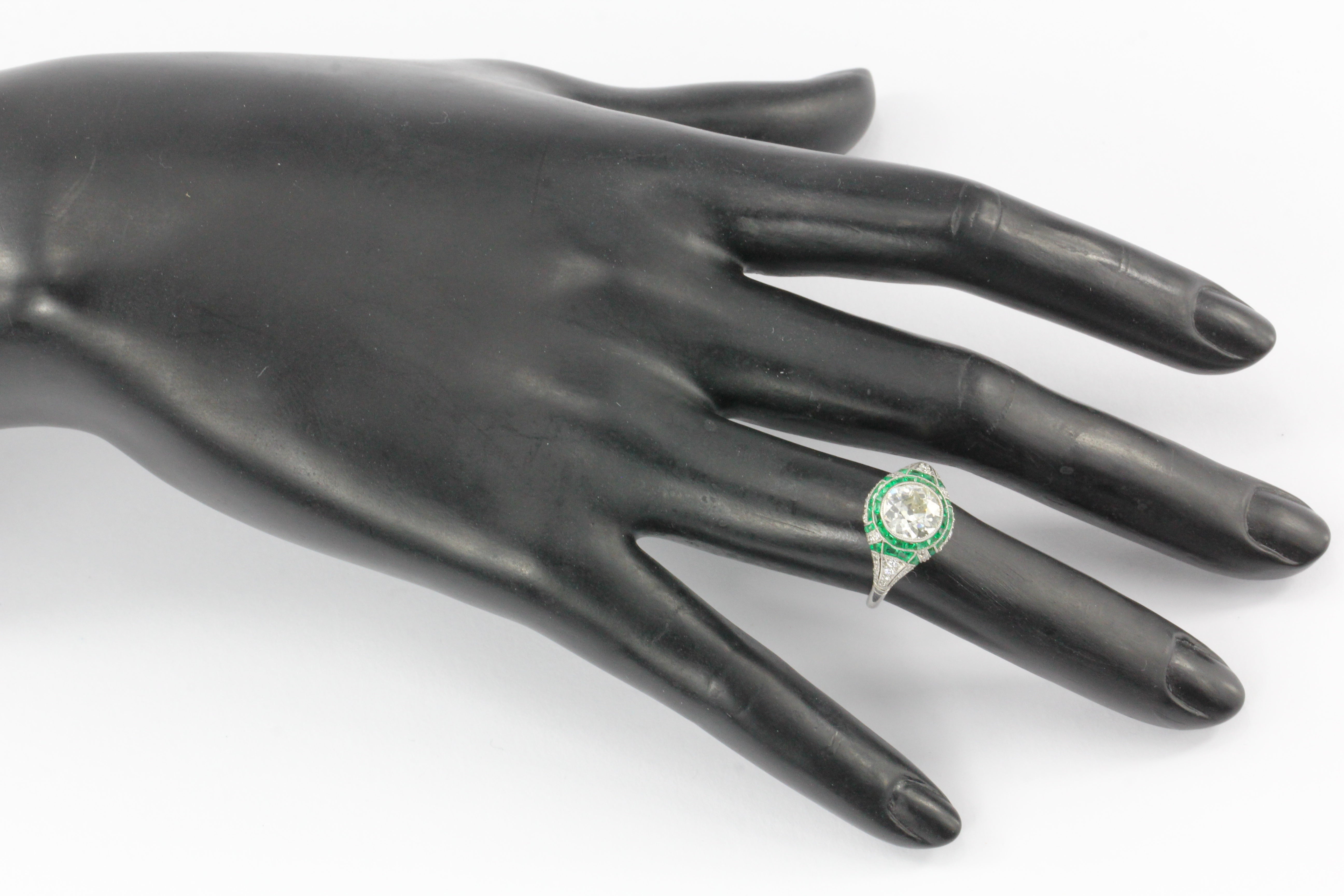 Art Deco Revival Platinum 1.66 CT Diamond and Emerald Ring size 5.5 - Queen May
