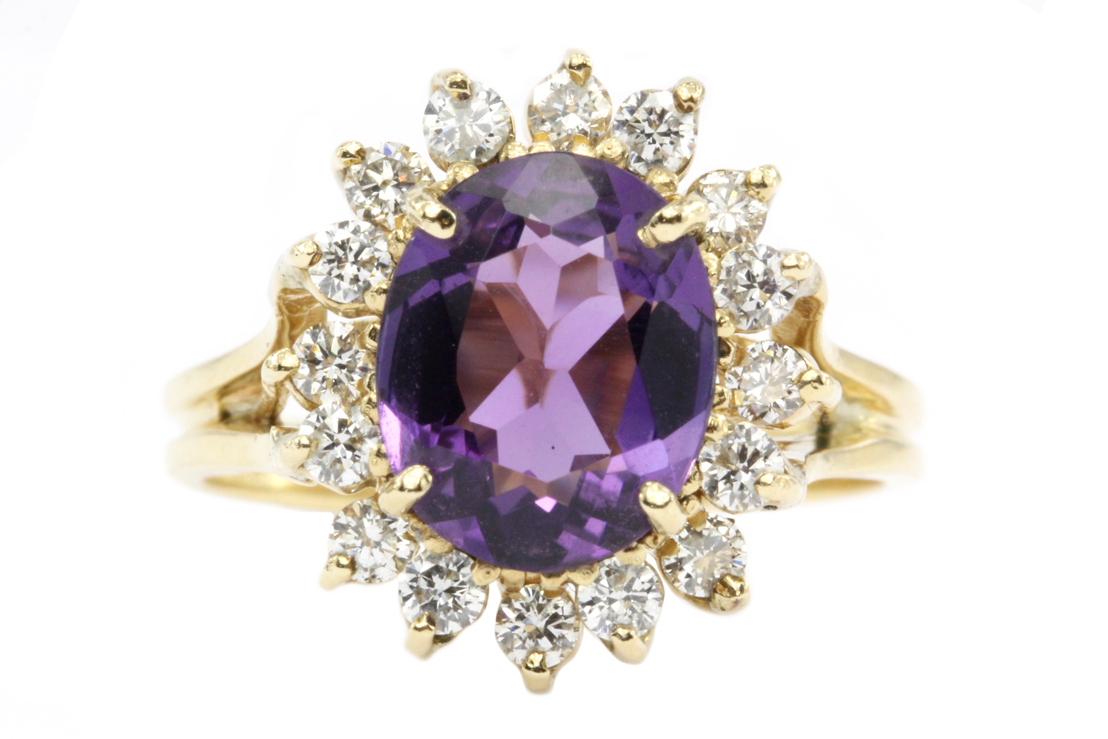14K Yellow Gold  2 CT Amethyst .75 CTW Diamond Ring - Queen May