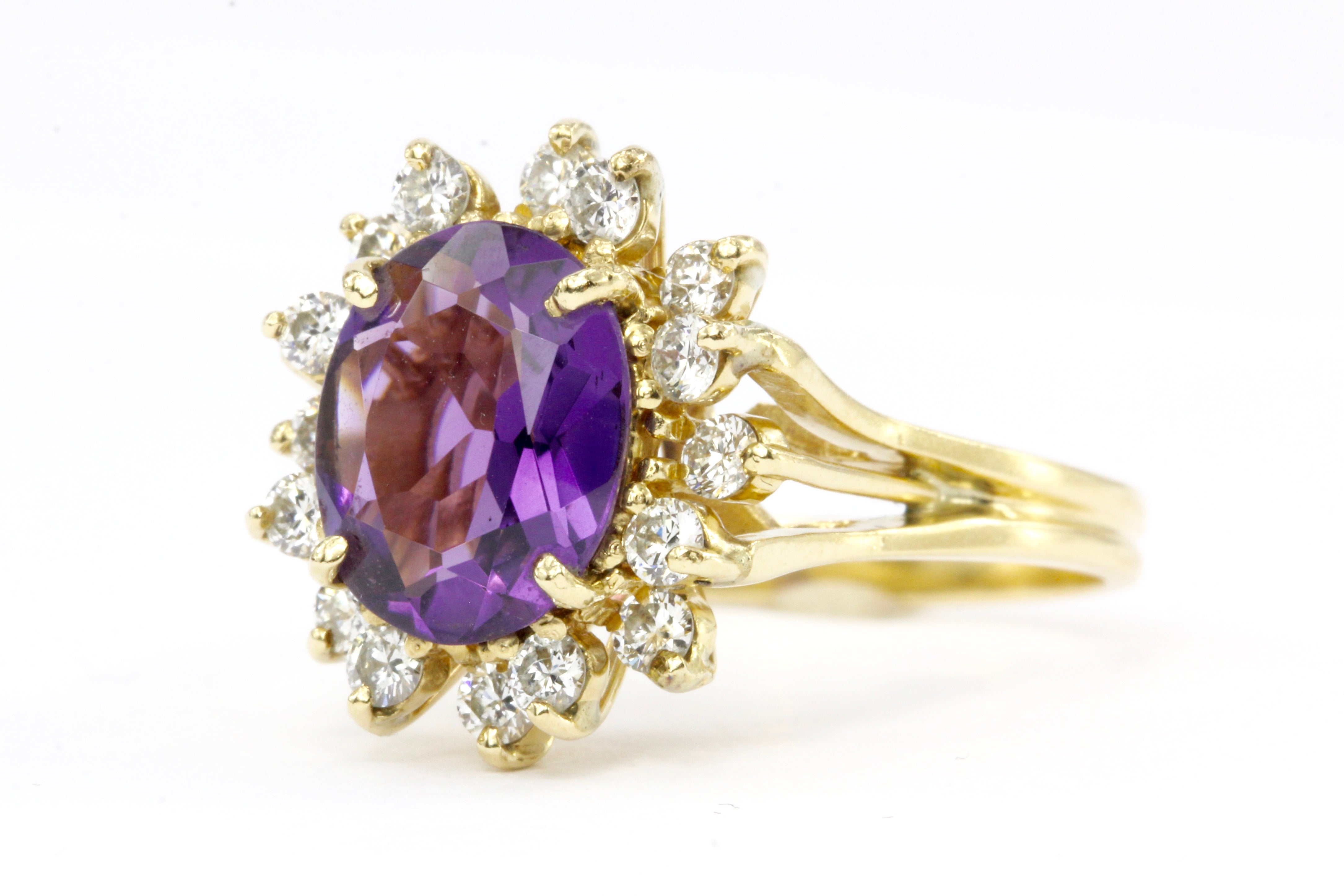 14K Yellow Gold  2 CT Amethyst .75 CTW Diamond Ring - Queen May