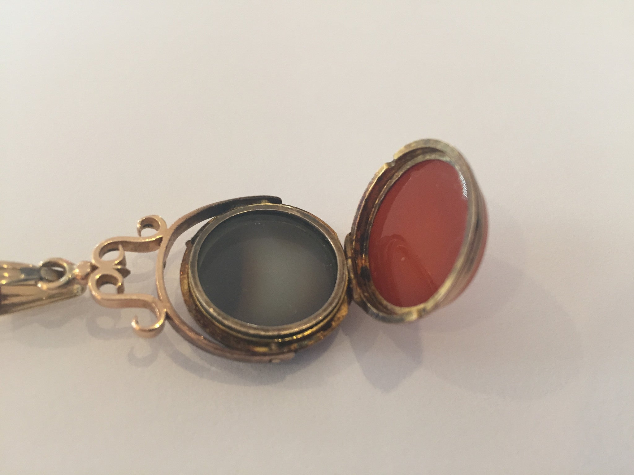 Rare Victorian era Letter E double sided banded agate fob locket - Queen May