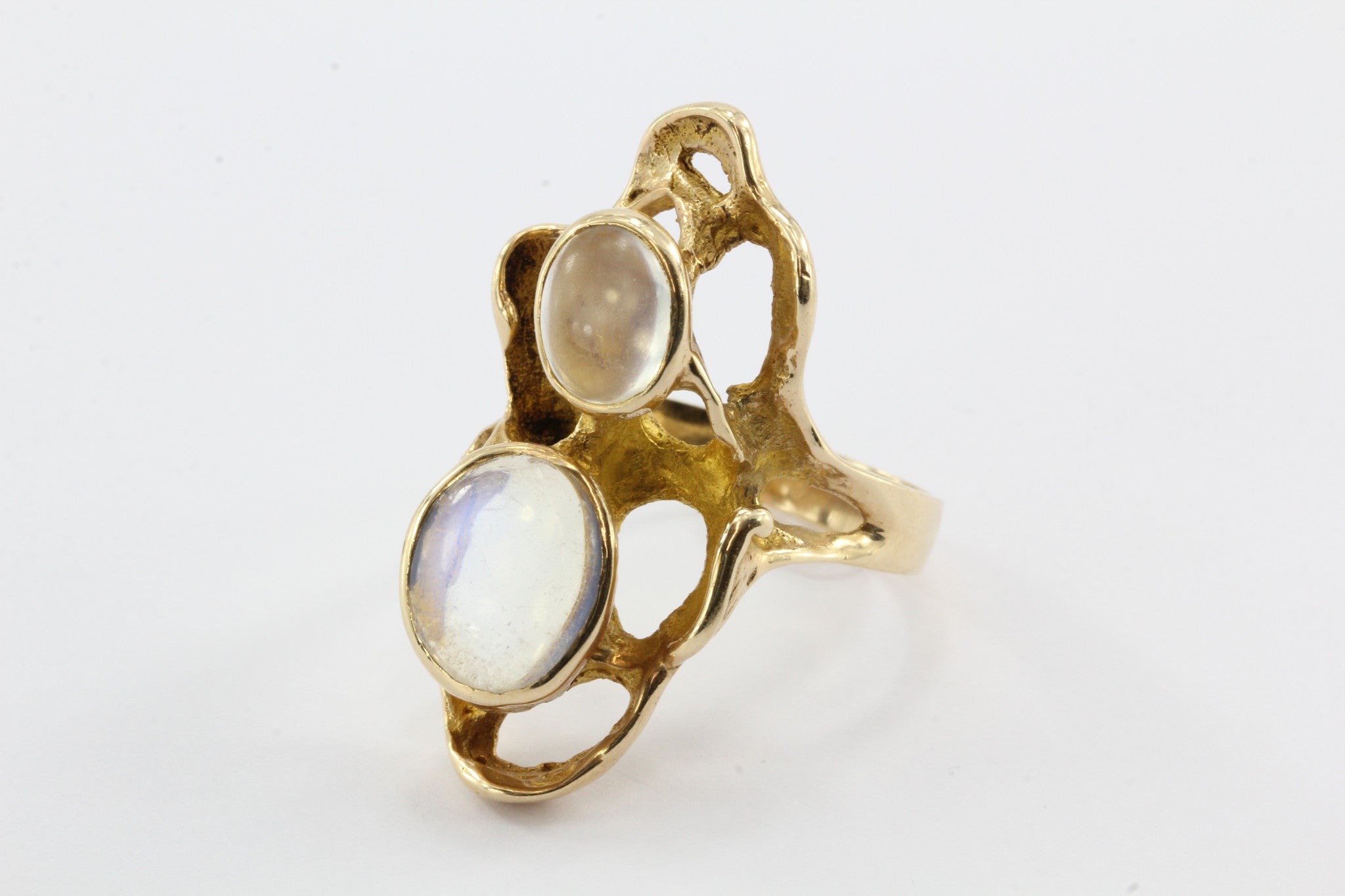 Modernist Abstract 14K Gold Chunky Double Moonstone Ring Signed G - Queen May