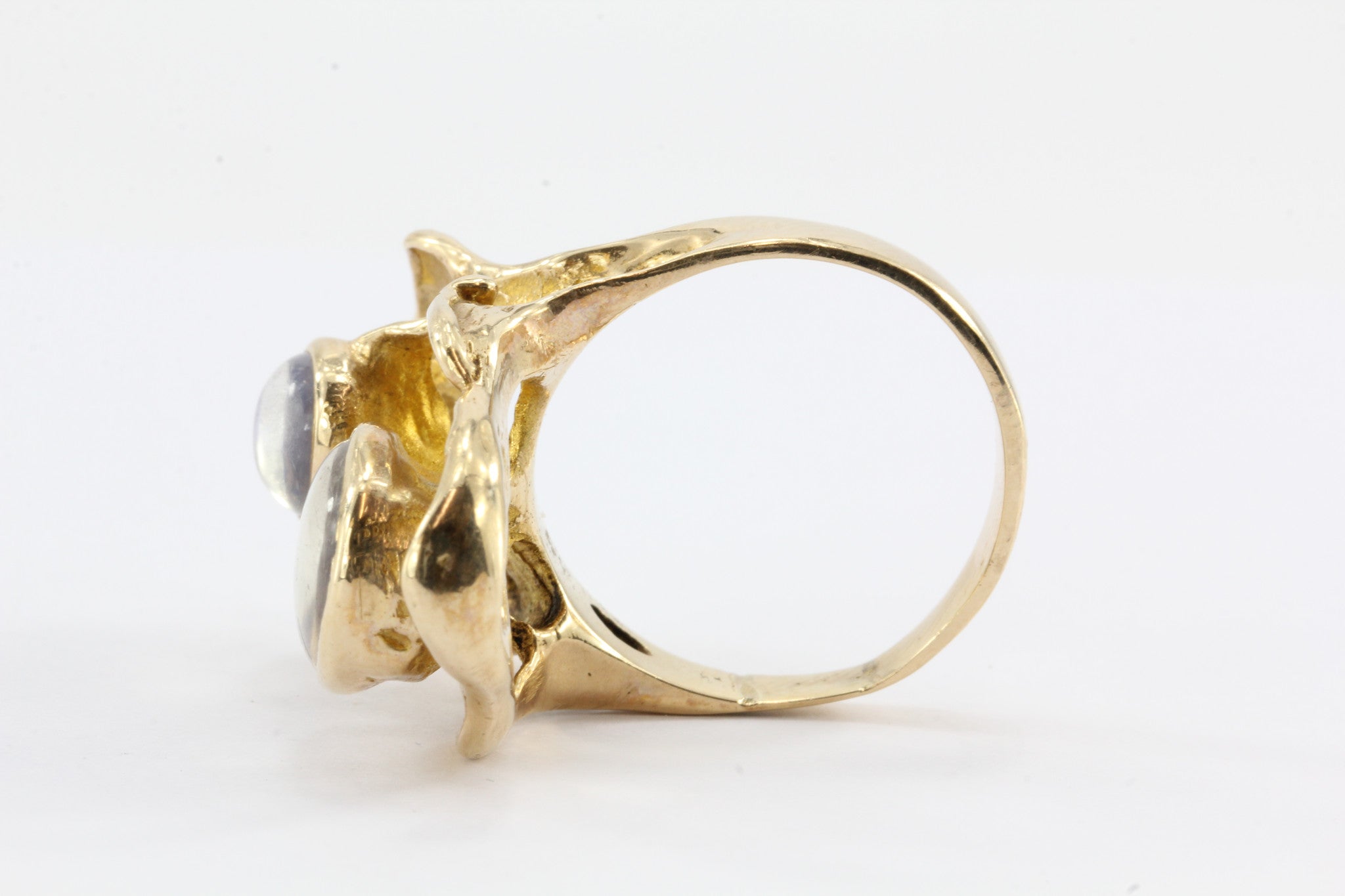 Modernist Abstract 14K Gold Chunky Double Moonstone Ring Signed G - Queen May