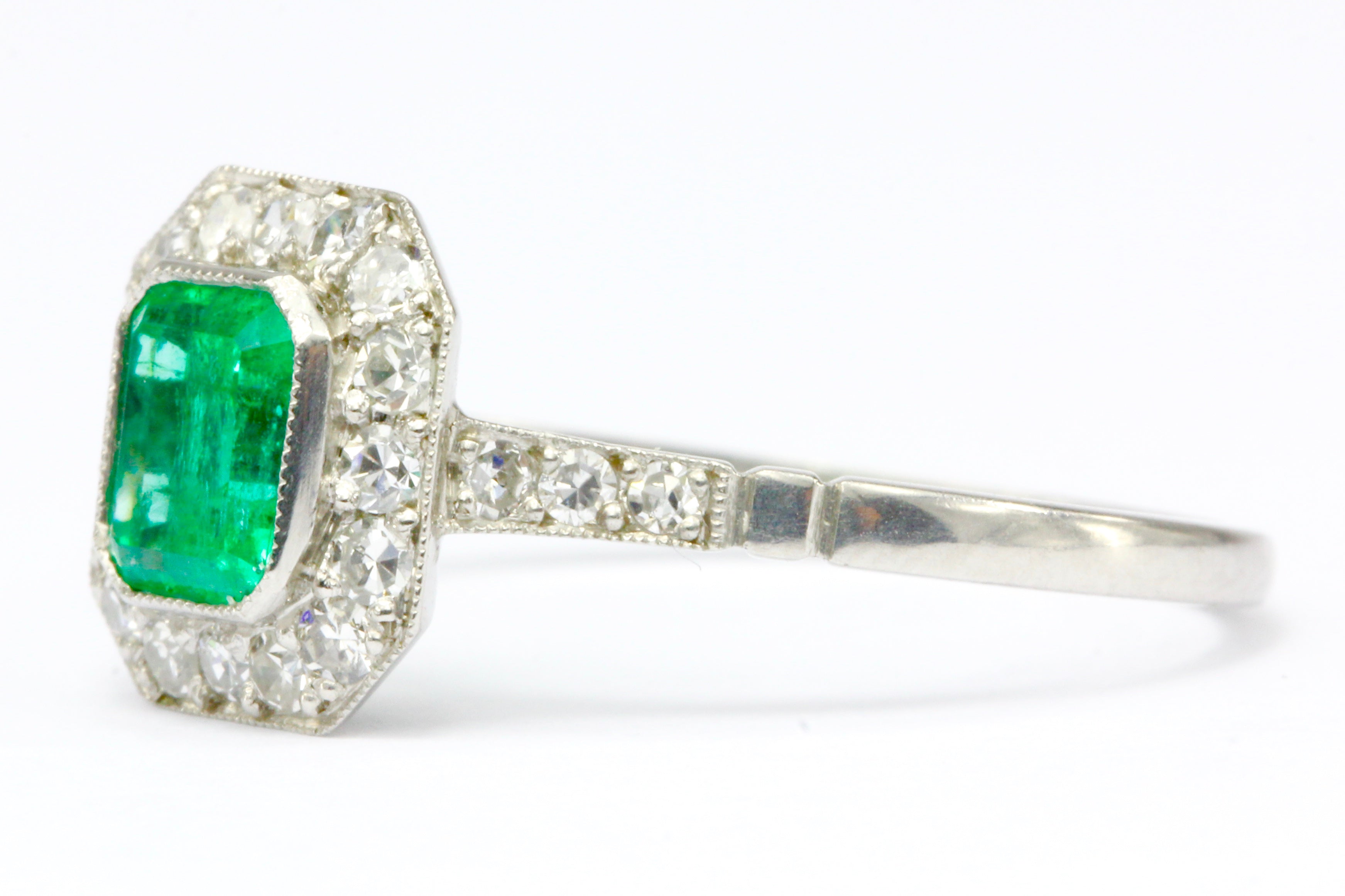 Art Deco Style Platinum .65 CT Emerald Diamond Ring Size 7.25 - Queen May
