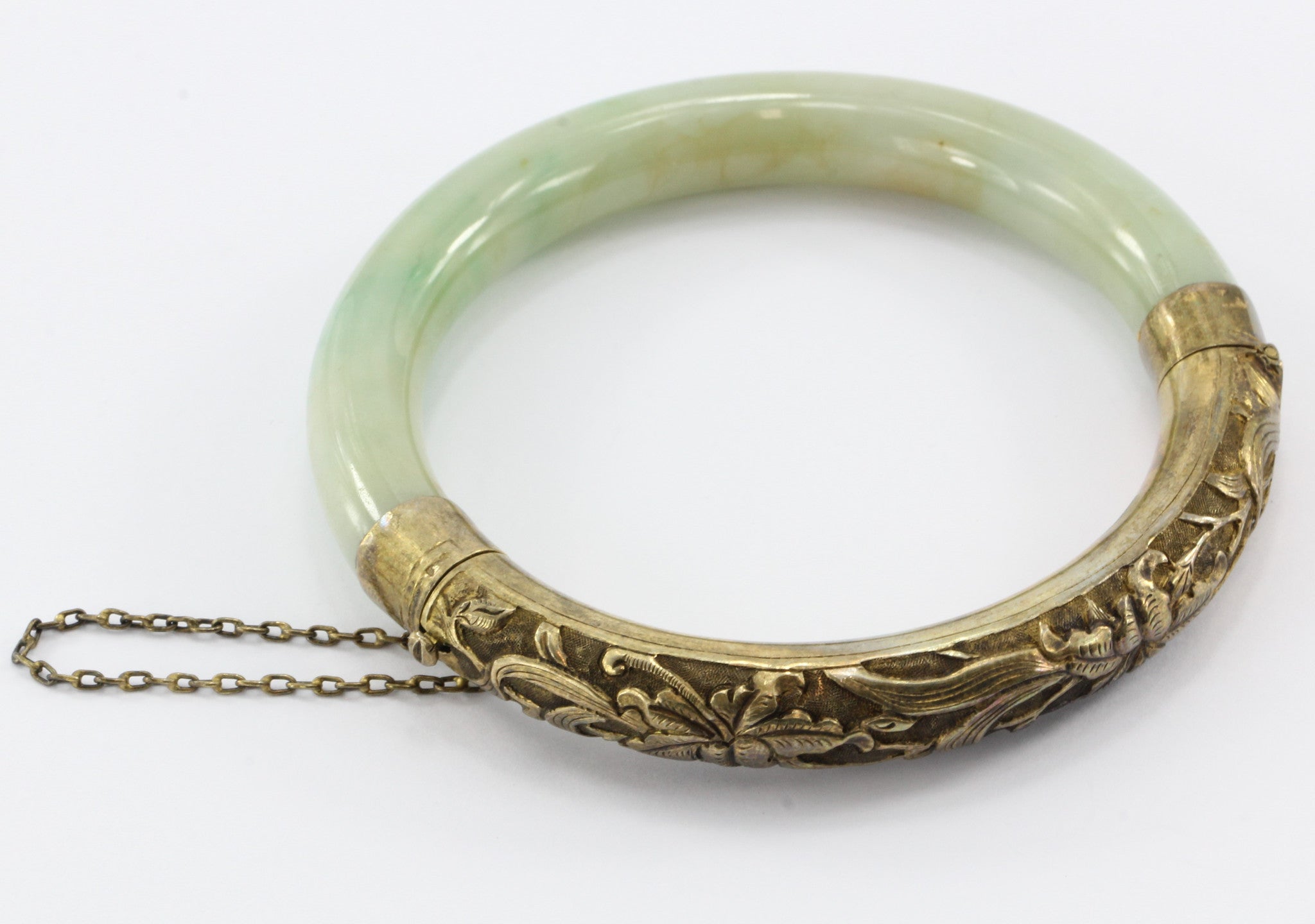 Chinese Export Sterling Silver Repousse Jadeite Jade Bangle Bracelet #1 - Queen May