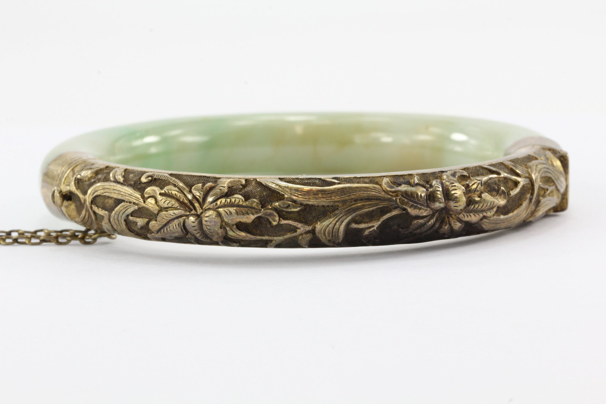 Chinese Export Sterling Silver Repousse Jadeite Jade Bangle Bracelet #1 - Queen May