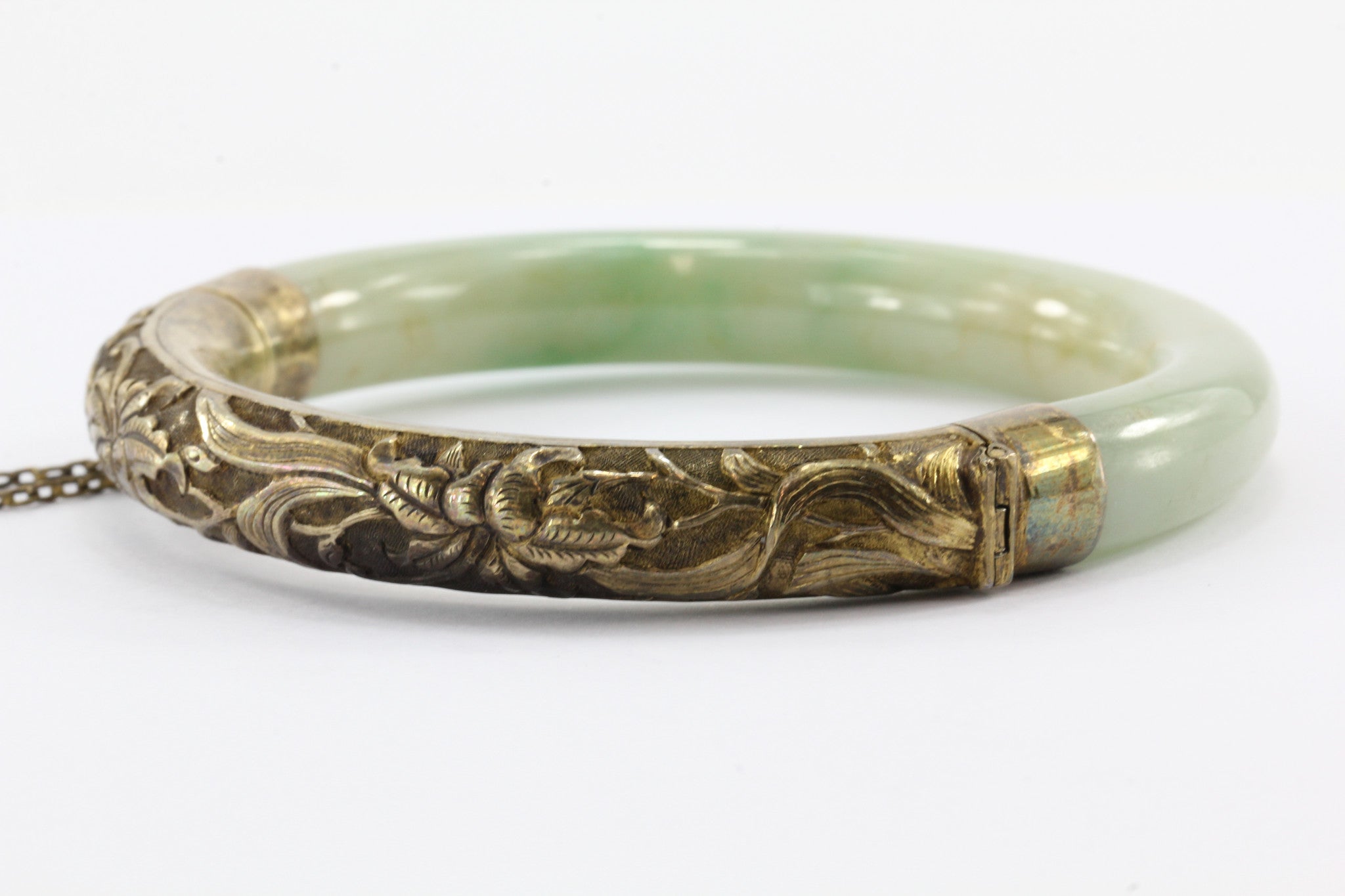 Chinese Export Sterling Silver Repousse Jadeite Jade Bangle Bracelet #1 - Queen May