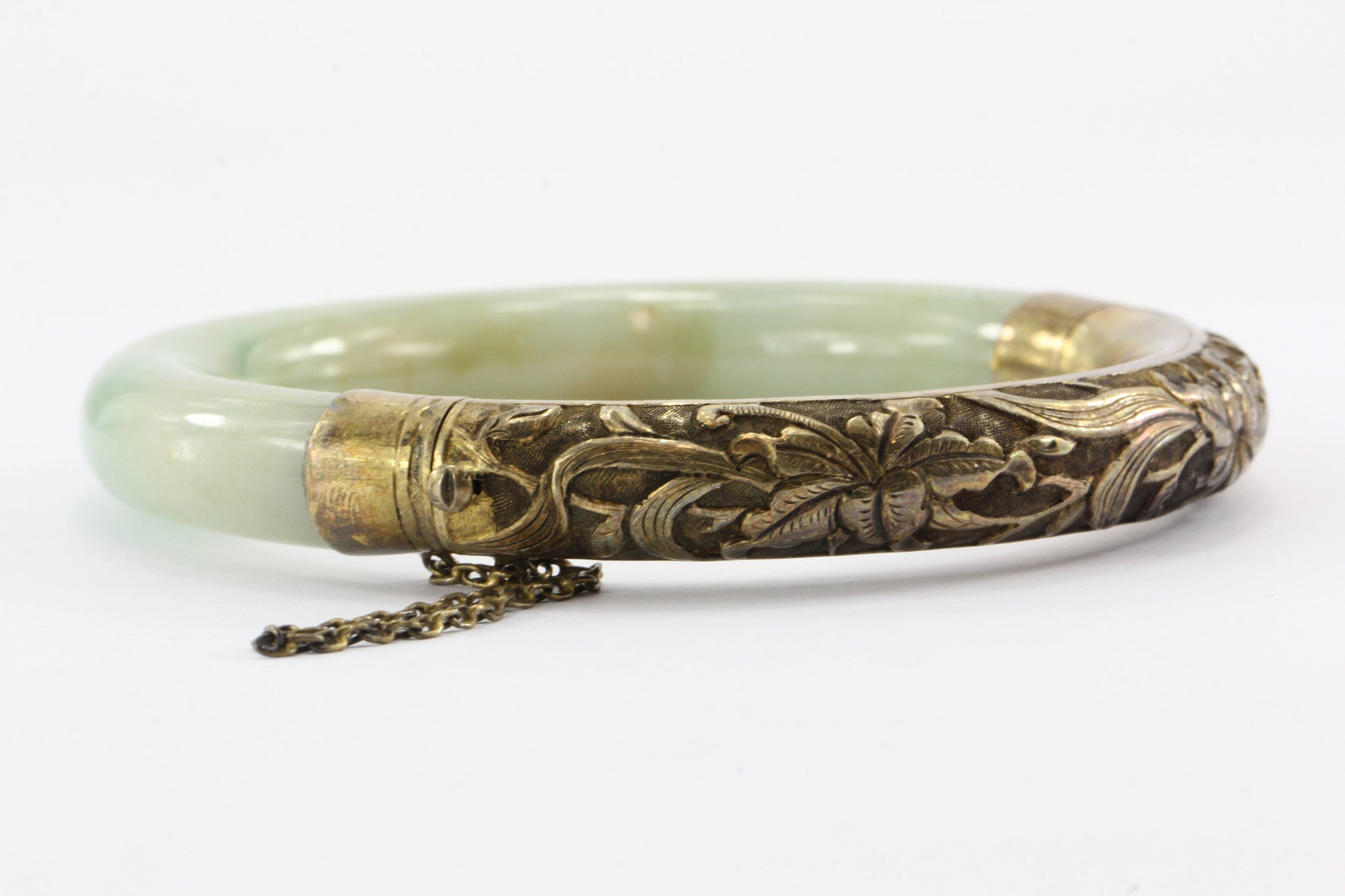 Chinese Export Sterling Silver Repousse Jadeite Jade Bangle Bracelet #1 - Queen May