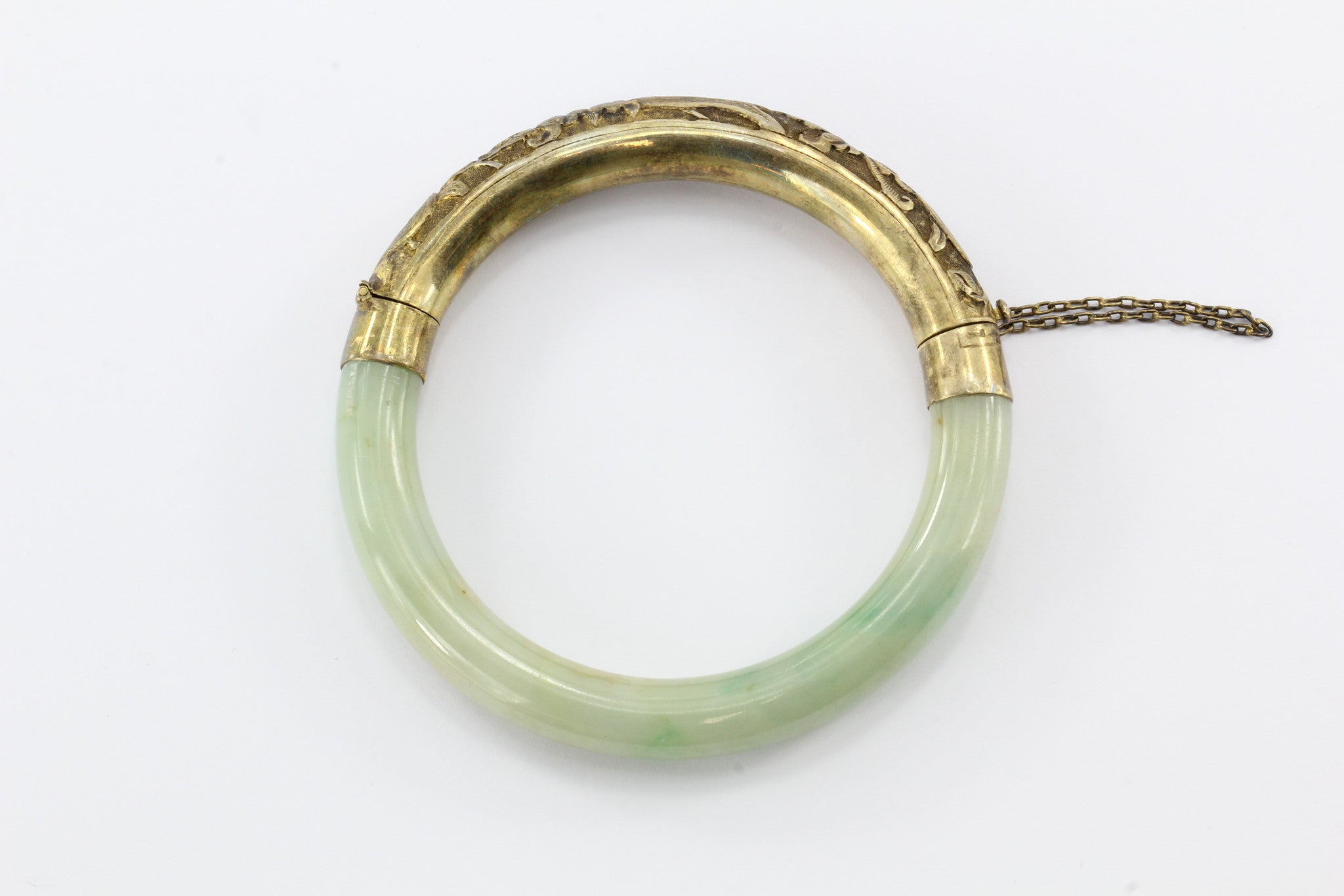 Chinese Export Sterling Silver Repousse Jadeite Jade Bangle Bracelet #1 - Queen May