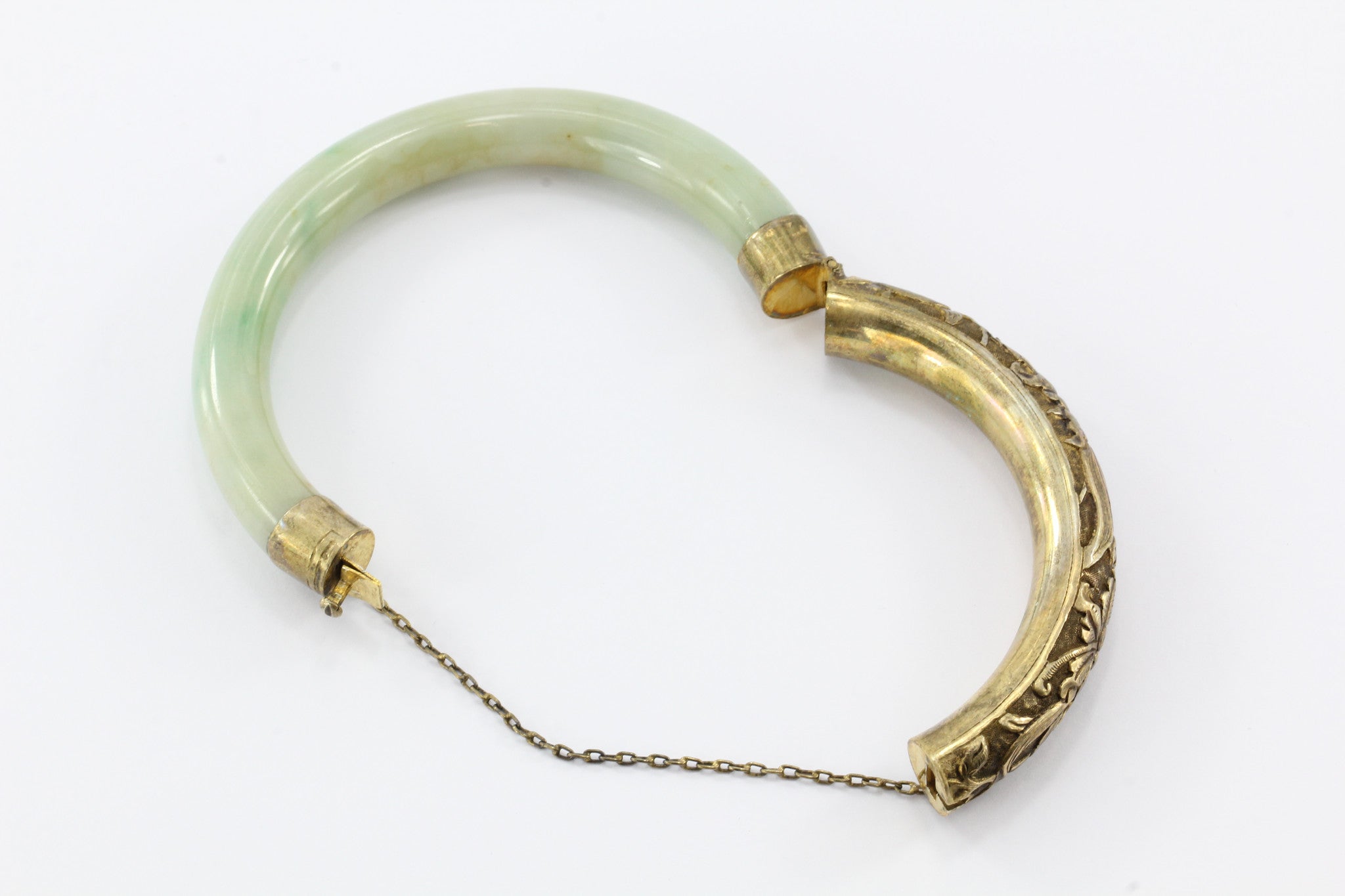 Chinese Export Sterling Silver Repousse Jadeite Jade Bangle Bracelet #1 - Queen May