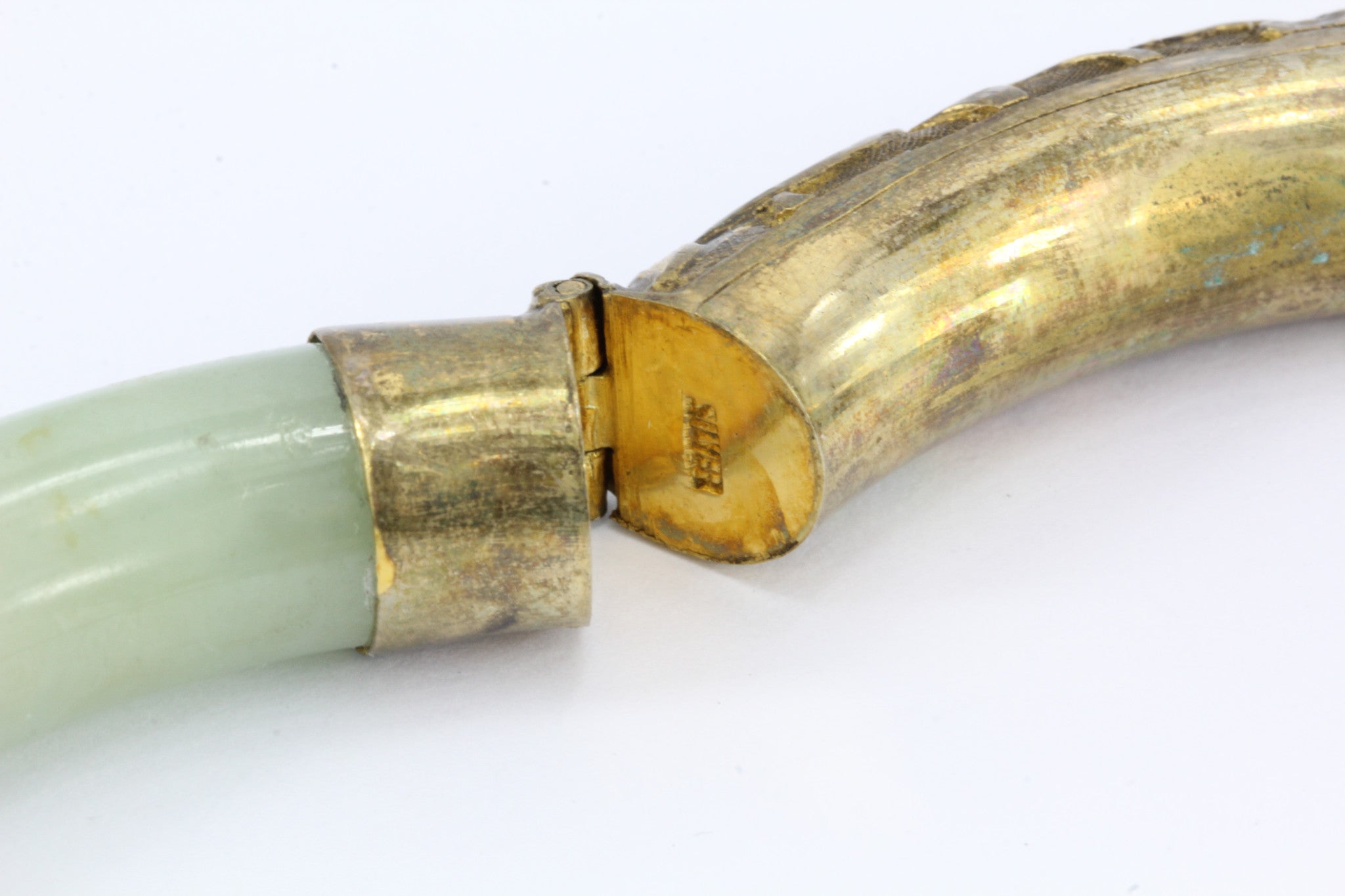 Chinese Export Sterling Silver Repousse Jadeite Jade Bangle Bracelet #1 - Queen May
