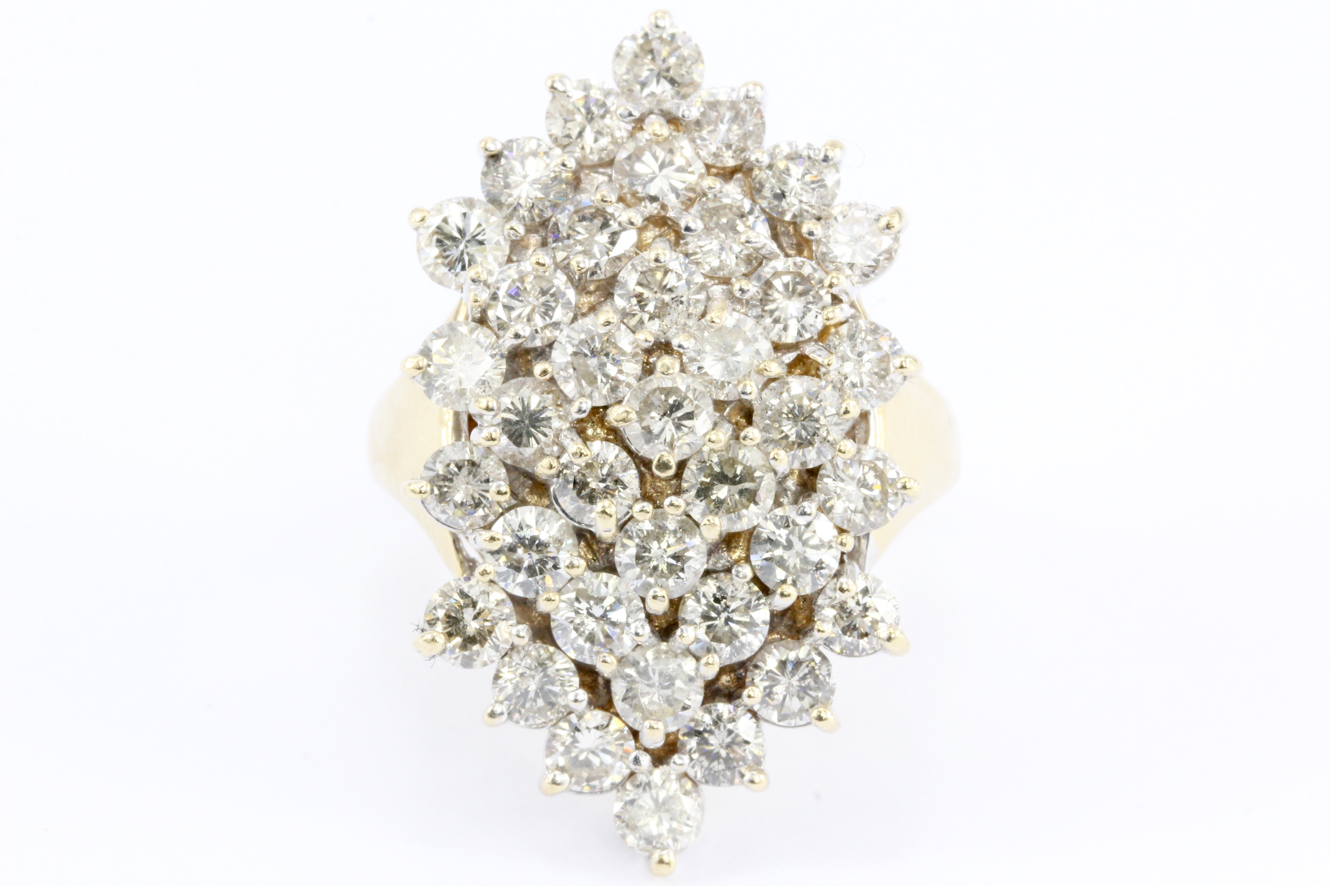 Retro 14K Yellow Gold Diamond Waterfall Cluster Ring 5.5 CTW - Queen May