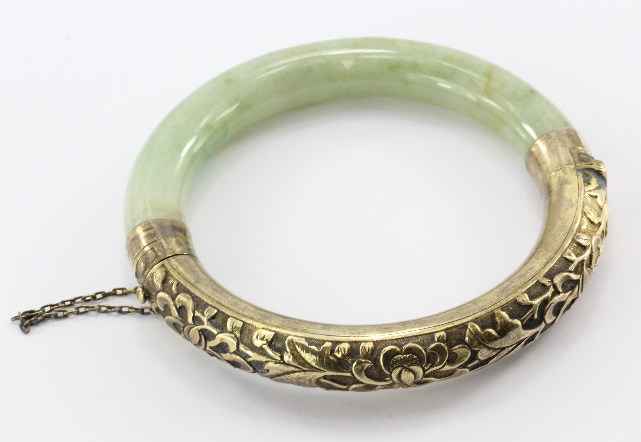 Art Deco Chinese Export Sterling Silver Repousse Jadeite Jade Bangle Bracelet #2 - Queen May