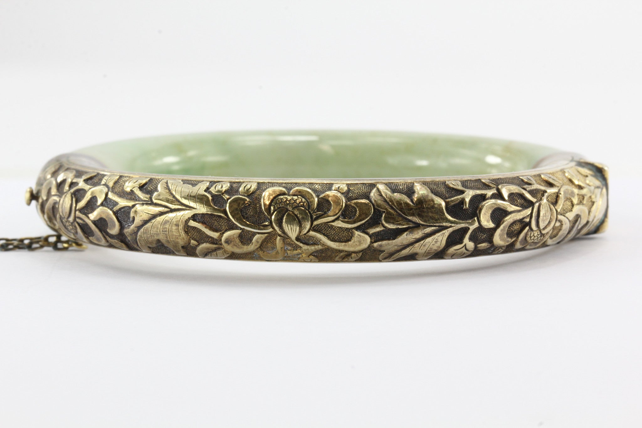 Art Deco Chinese Export Sterling Silver Repousse Jadeite Jade Bangle Bracelet #2 - Queen May