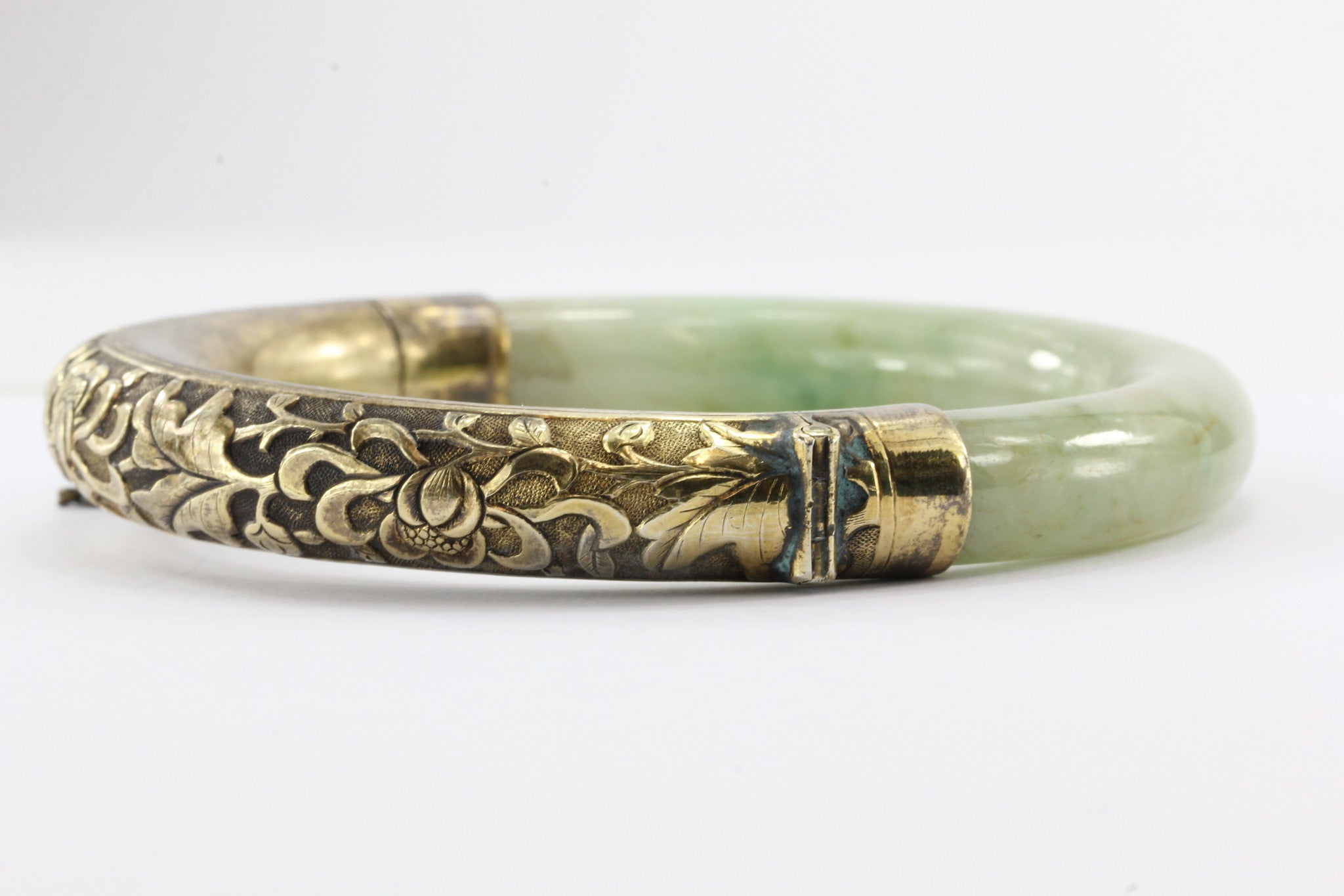 Art Deco Chinese Export Sterling Silver Repousse Jadeite Jade Bangle Bracelet #2 - Queen May