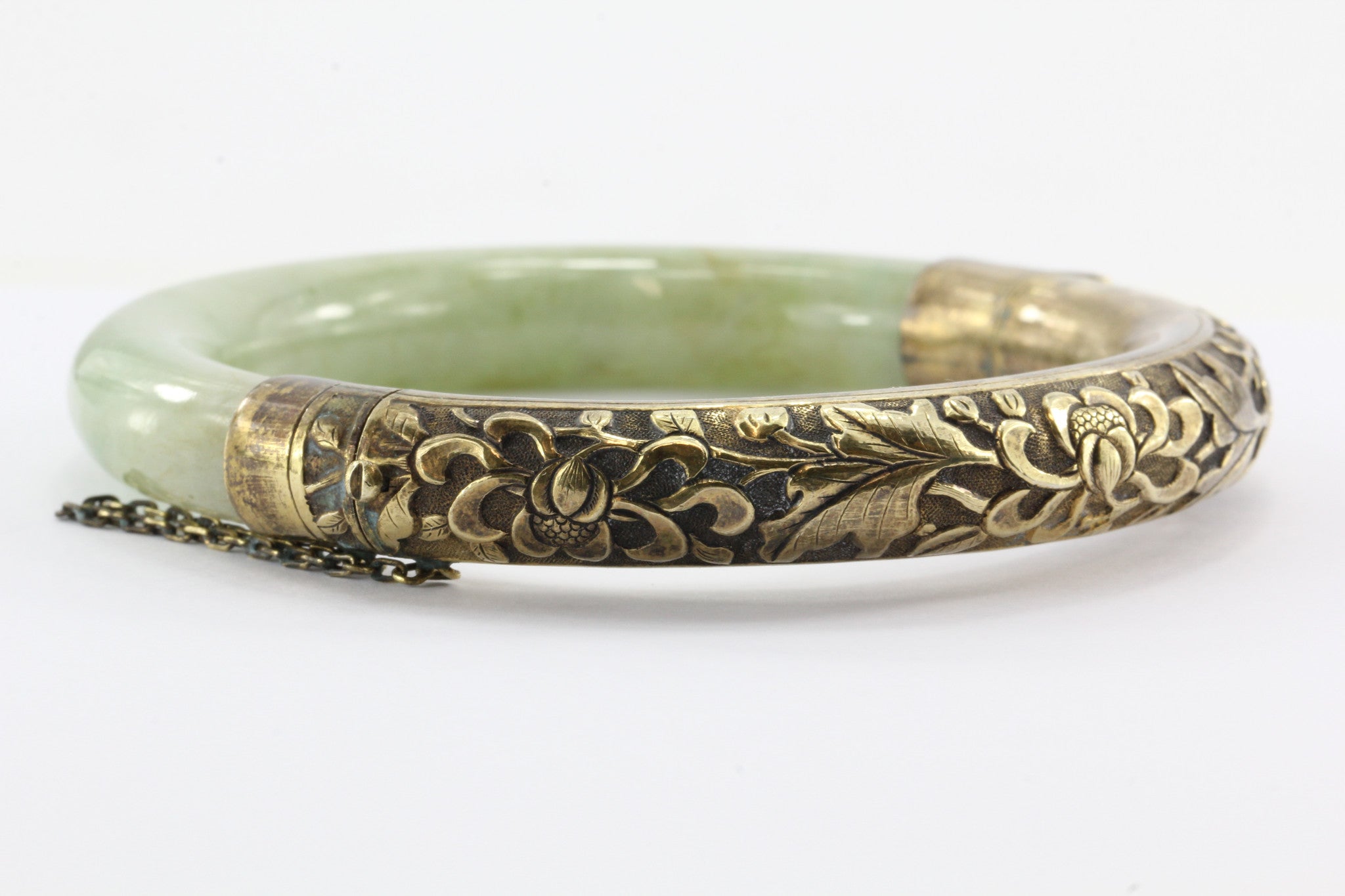 Art Deco Chinese Export Sterling Silver Repousse Jadeite Jade Bangle Bracelet #2 - Queen May