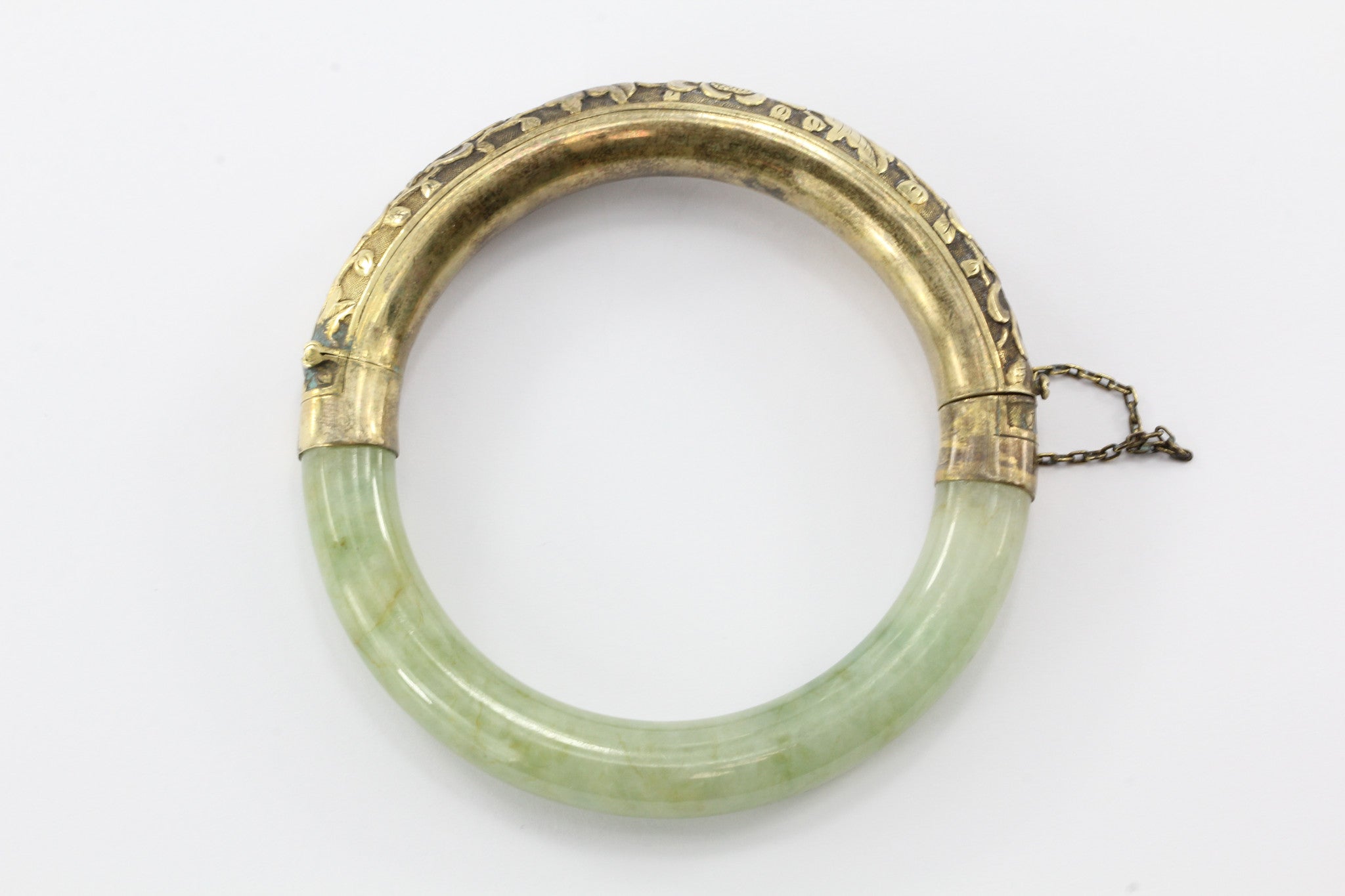 Art Deco Chinese Export Sterling Silver Repousse Jadeite Jade Bangle Bracelet #2 - Queen May