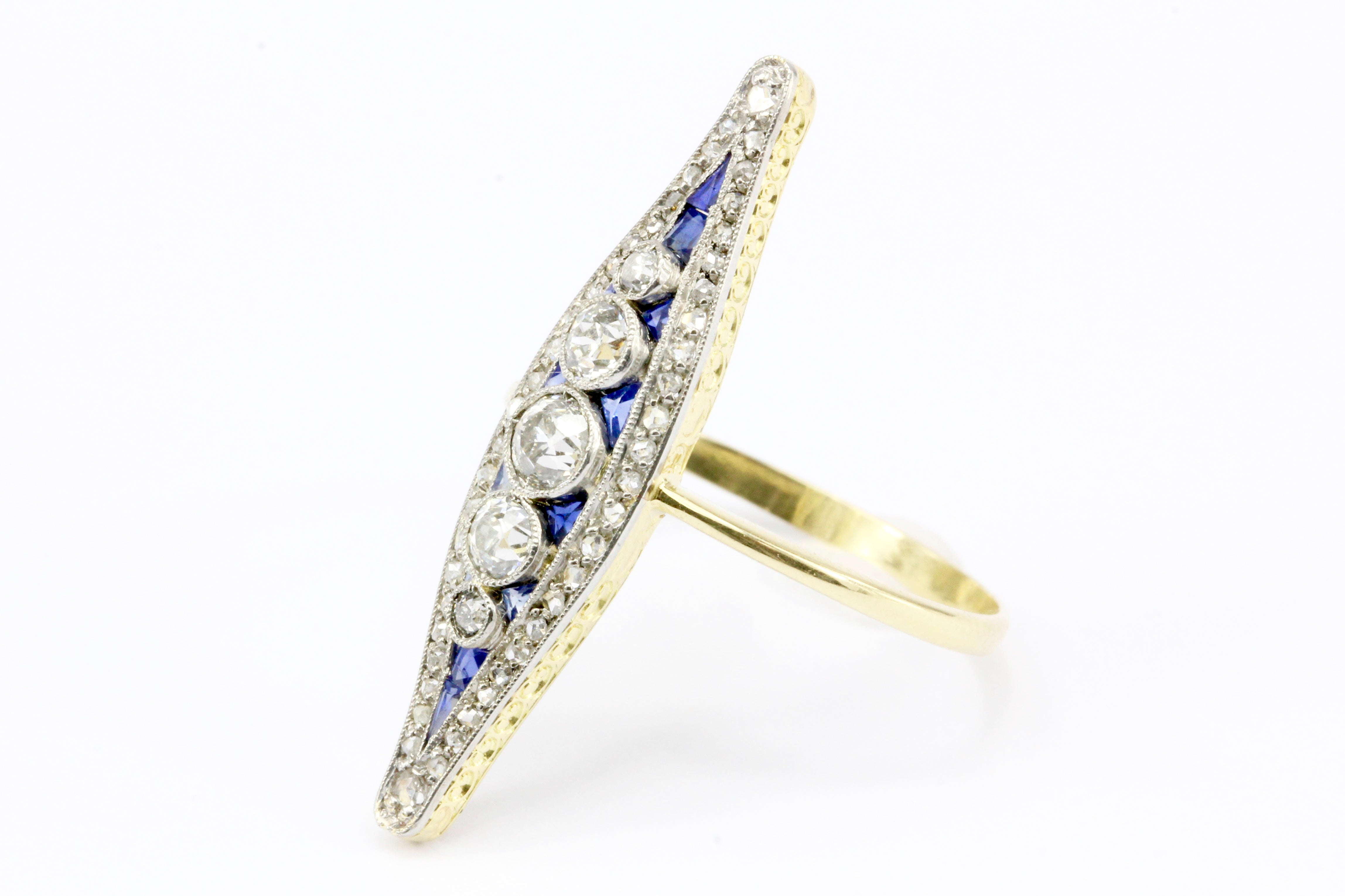 Edwardian 18K Yellow Gold Diamond and Sapphire Navette Ring Size 7 - Queen May