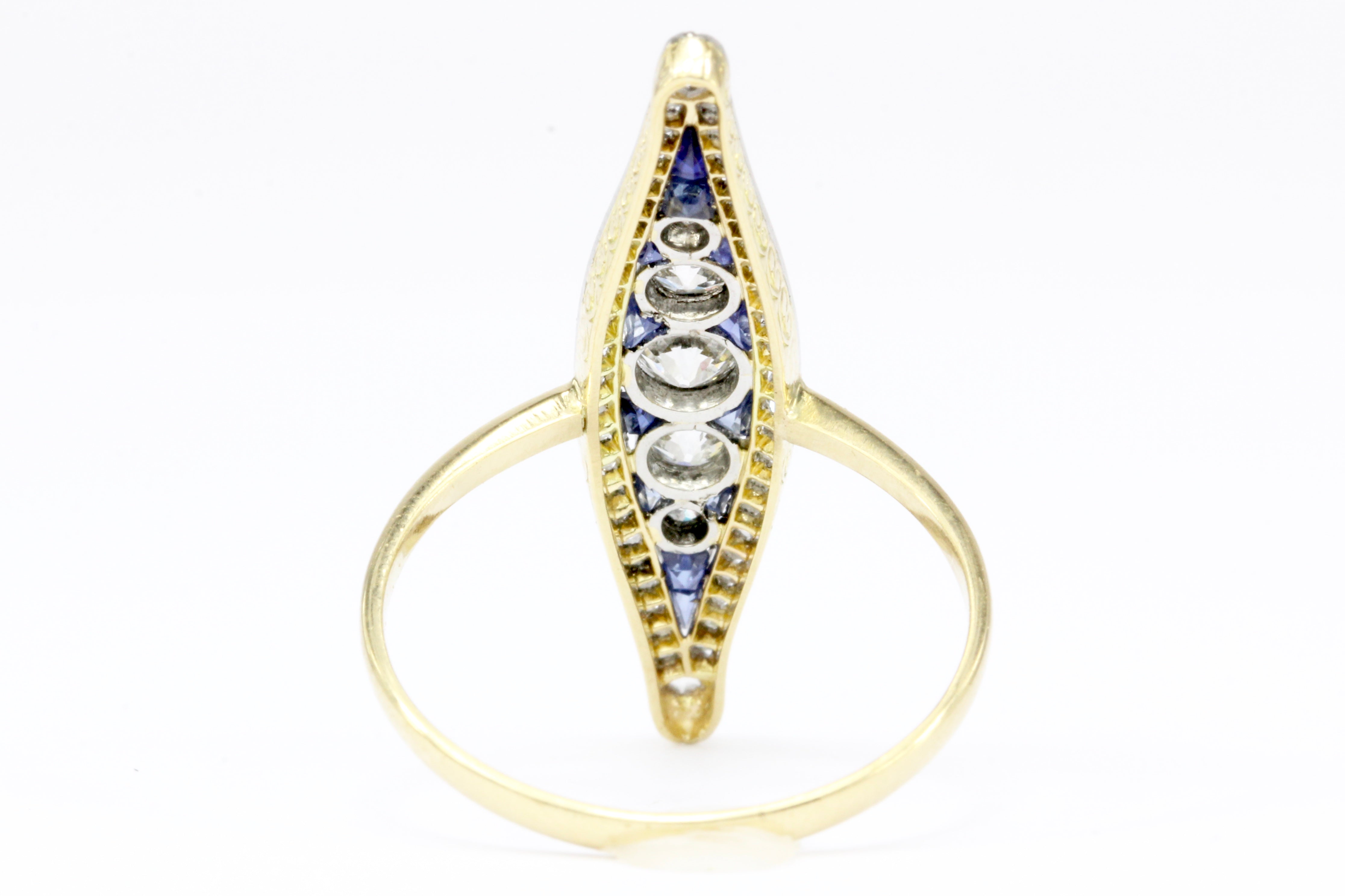 Edwardian 18K Yellow Gold Diamond and Sapphire Navette Ring Size 7 - Queen May