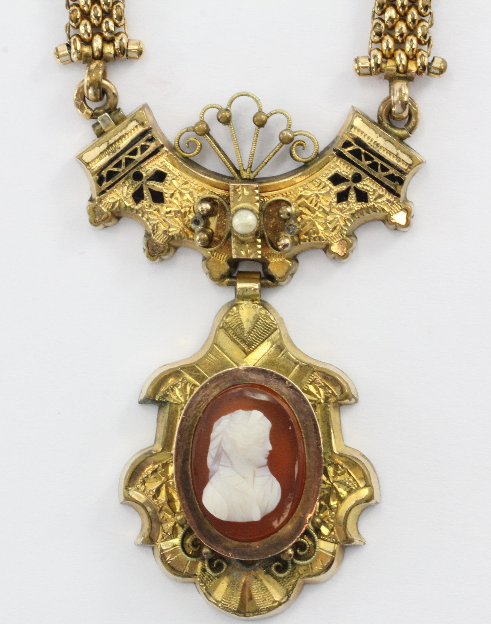 Antique Victorian GF & Enamel Carnelian Cameo Necklace - Queen May