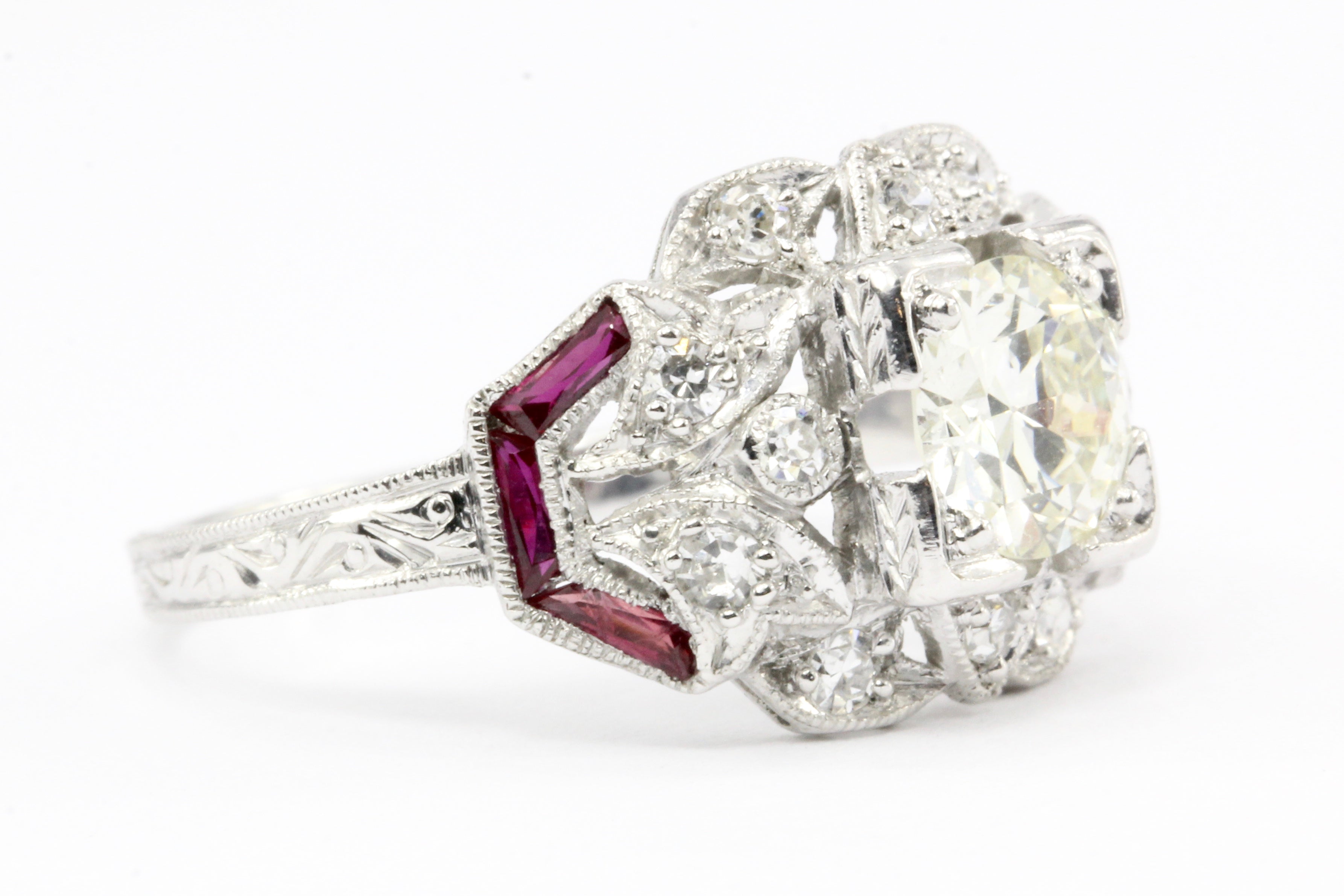 Art Deco Platinum Diamond and French Cut Ruby Ring c.1920 - Queen May