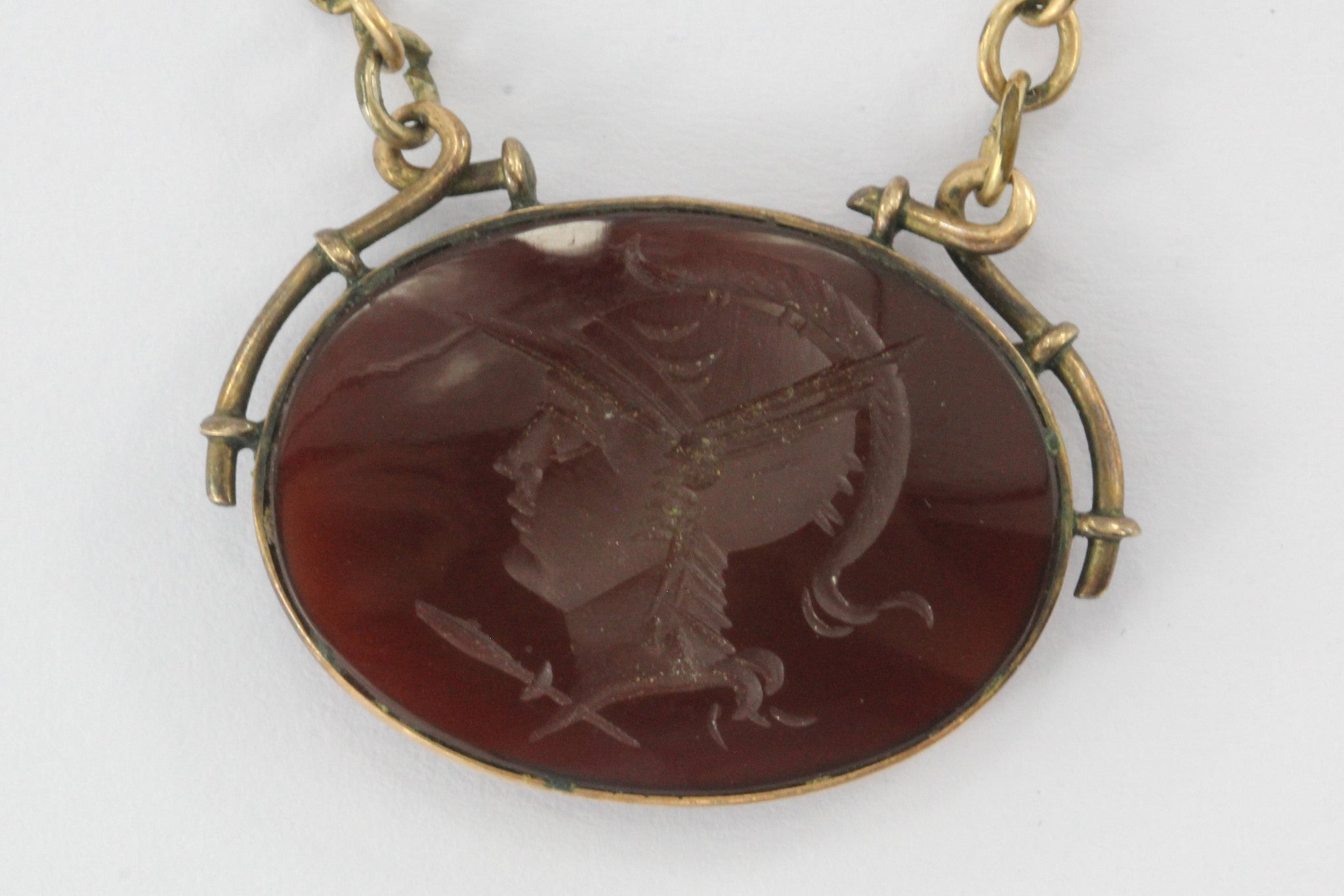 Antique Art Deco Carnelian 10K Gold & GF Athena Warrior Intaglio Cameo Necklace - Queen May