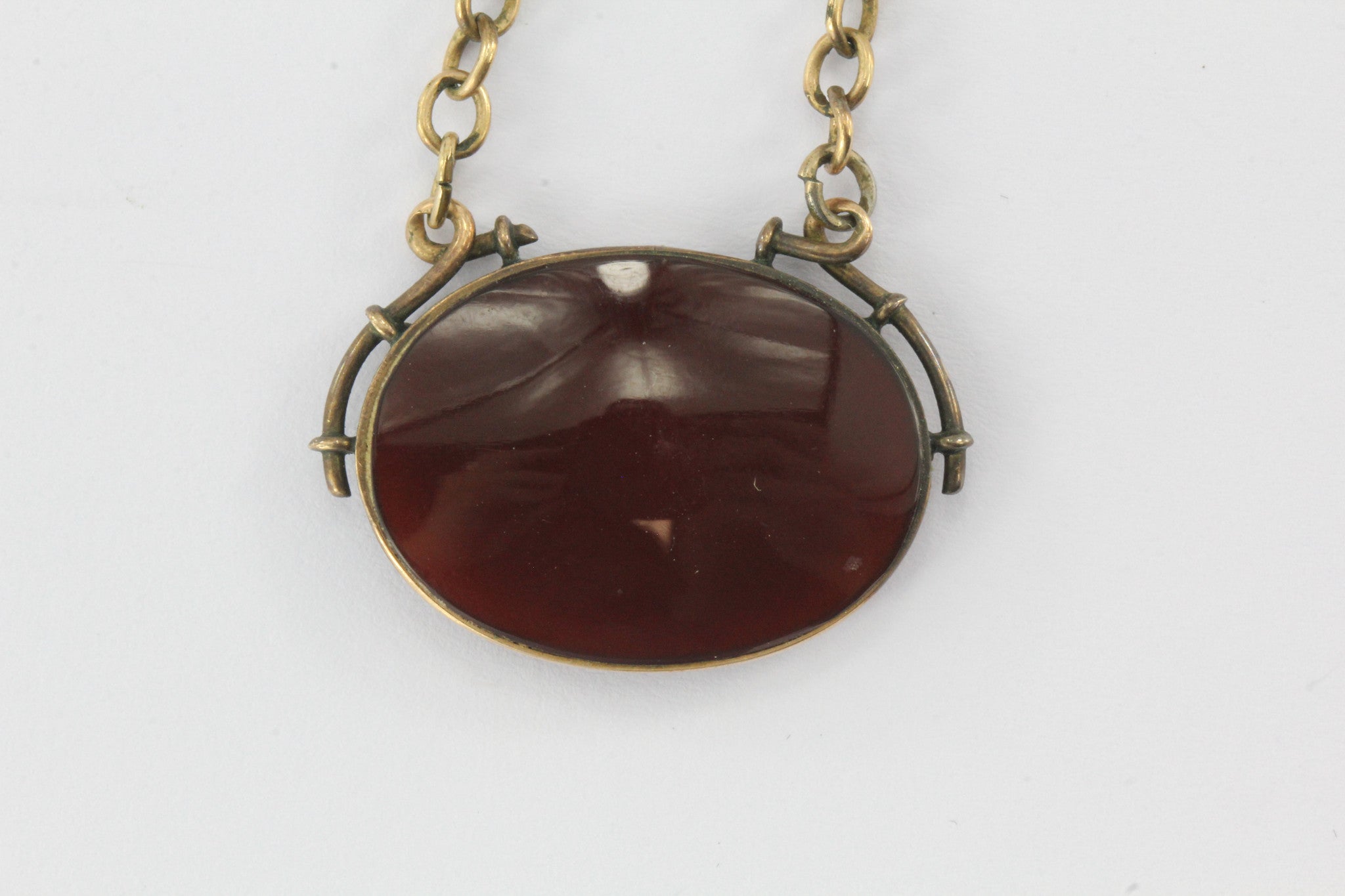 Antique Art Deco Carnelian 10K Gold & GF Athena Warrior Intaglio Cameo Necklace - Queen May