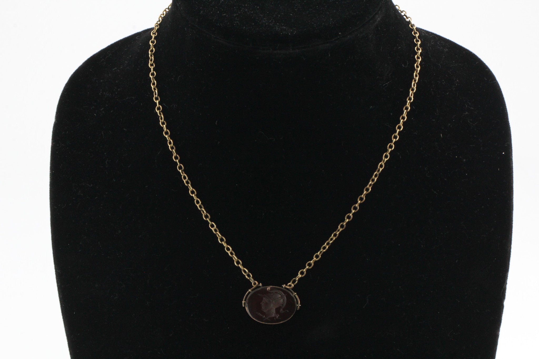 Antique Art Deco Carnelian 10K Gold & GF Athena Warrior Intaglio Cameo Necklace - Queen May