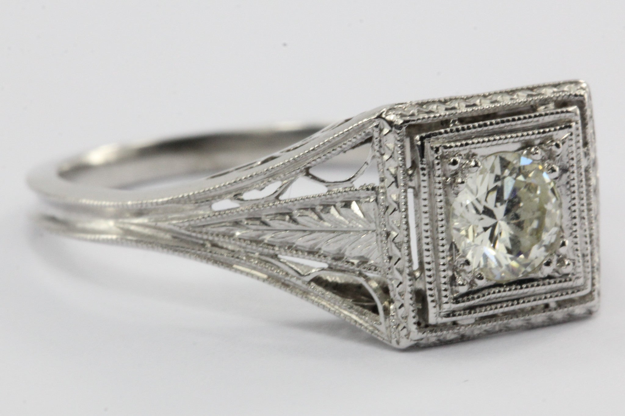 Antique Art Deco Platinum .40 Carat Transition Cut Diamond Engagement Ring - Queen May