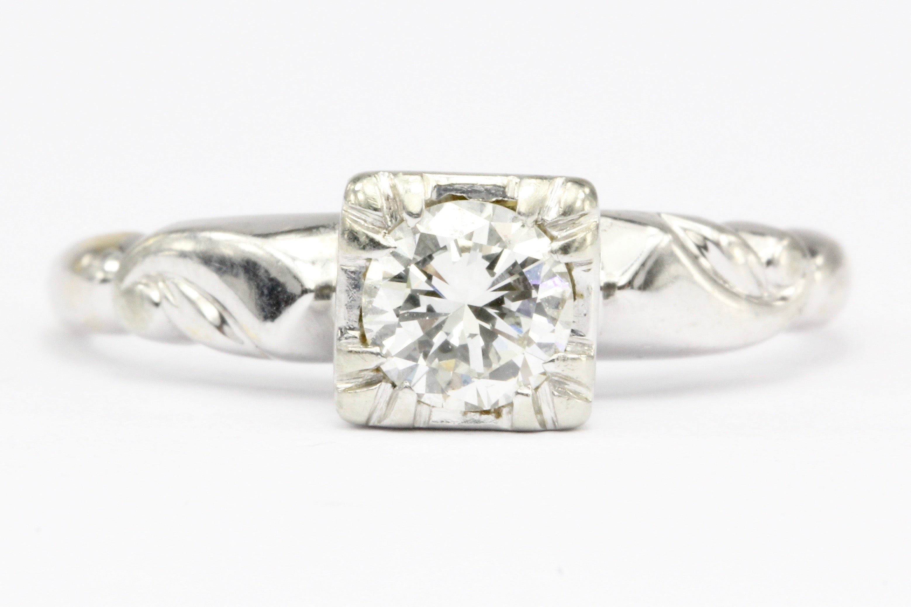 Retro 14K White Gold .40 CT Diamond Engagement Ring Size 5 - Queen May