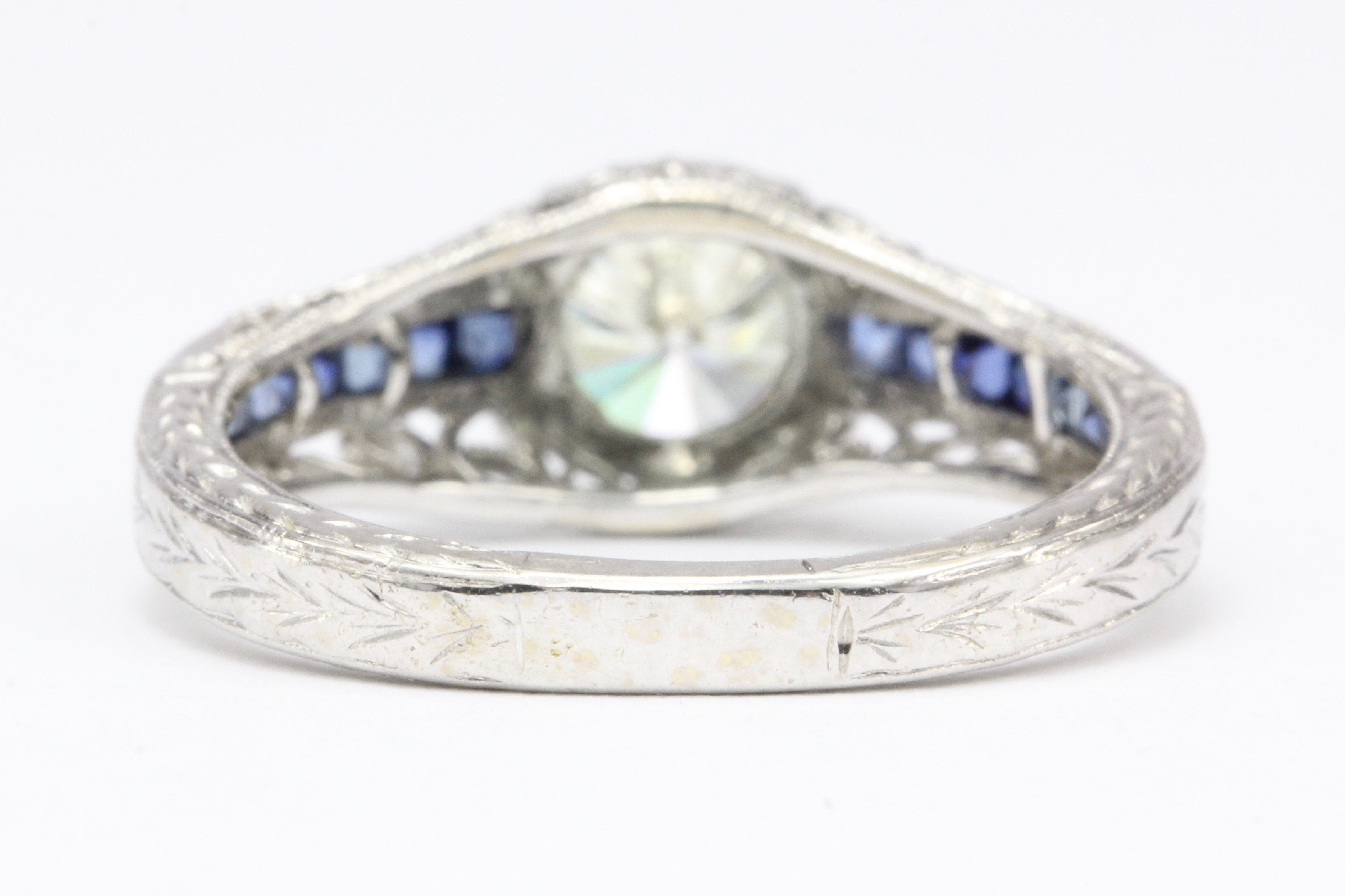 Art Deco Style 14K White Gold 1 Carat Diamond and Sapphire Ring Size 7 - Queen May