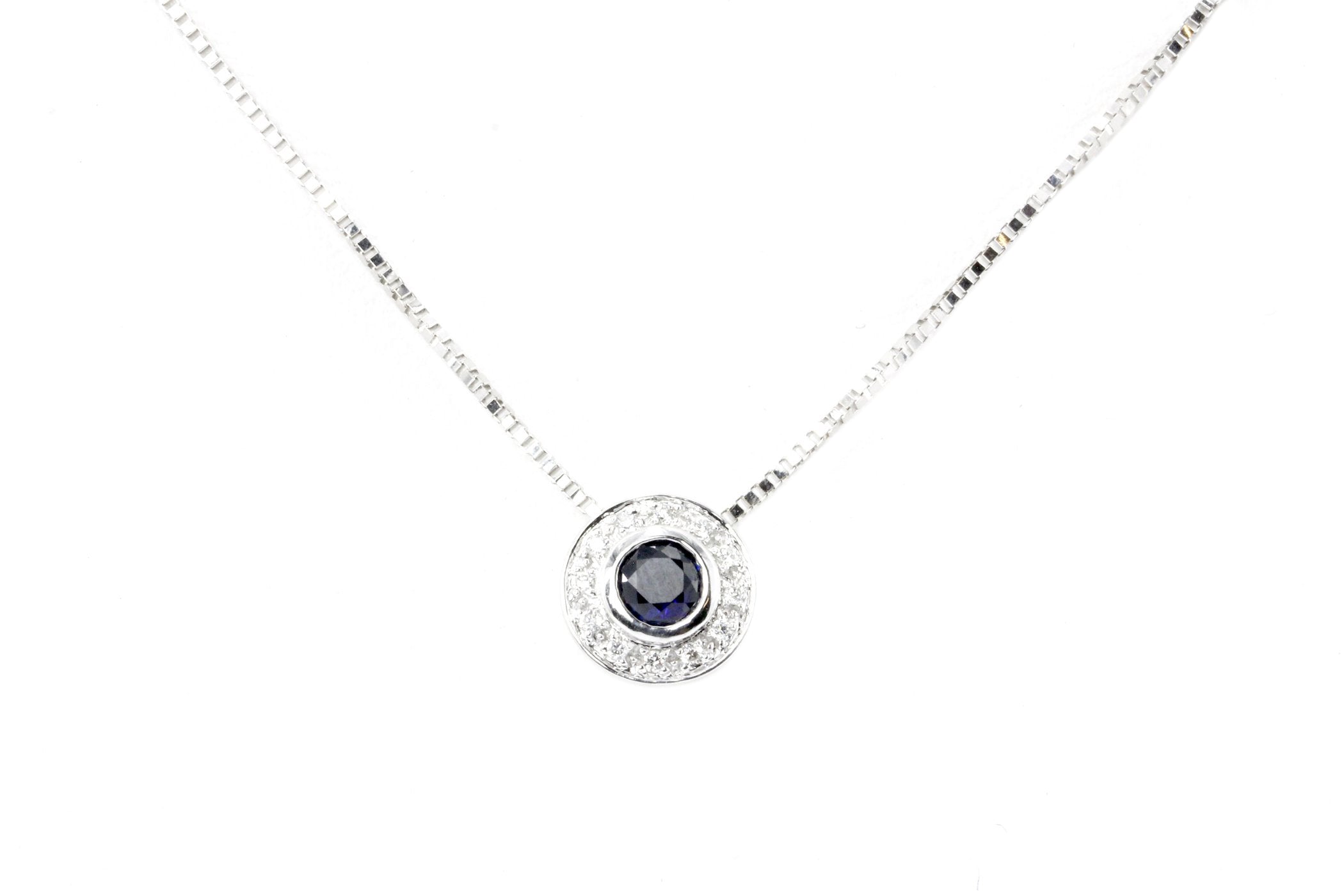 14K White Gold .3 CT Natural Sapphire and .1 CTW Diamond Pendant Necklace - Queen May