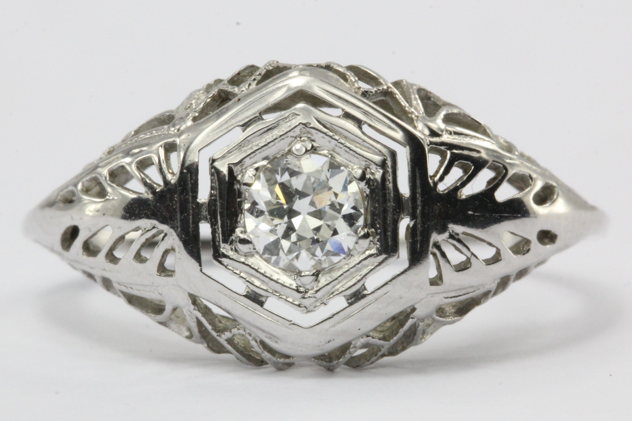Antique Art Deco 18K White Gold Old European Cut Diamond Engagement Ring - Queen May