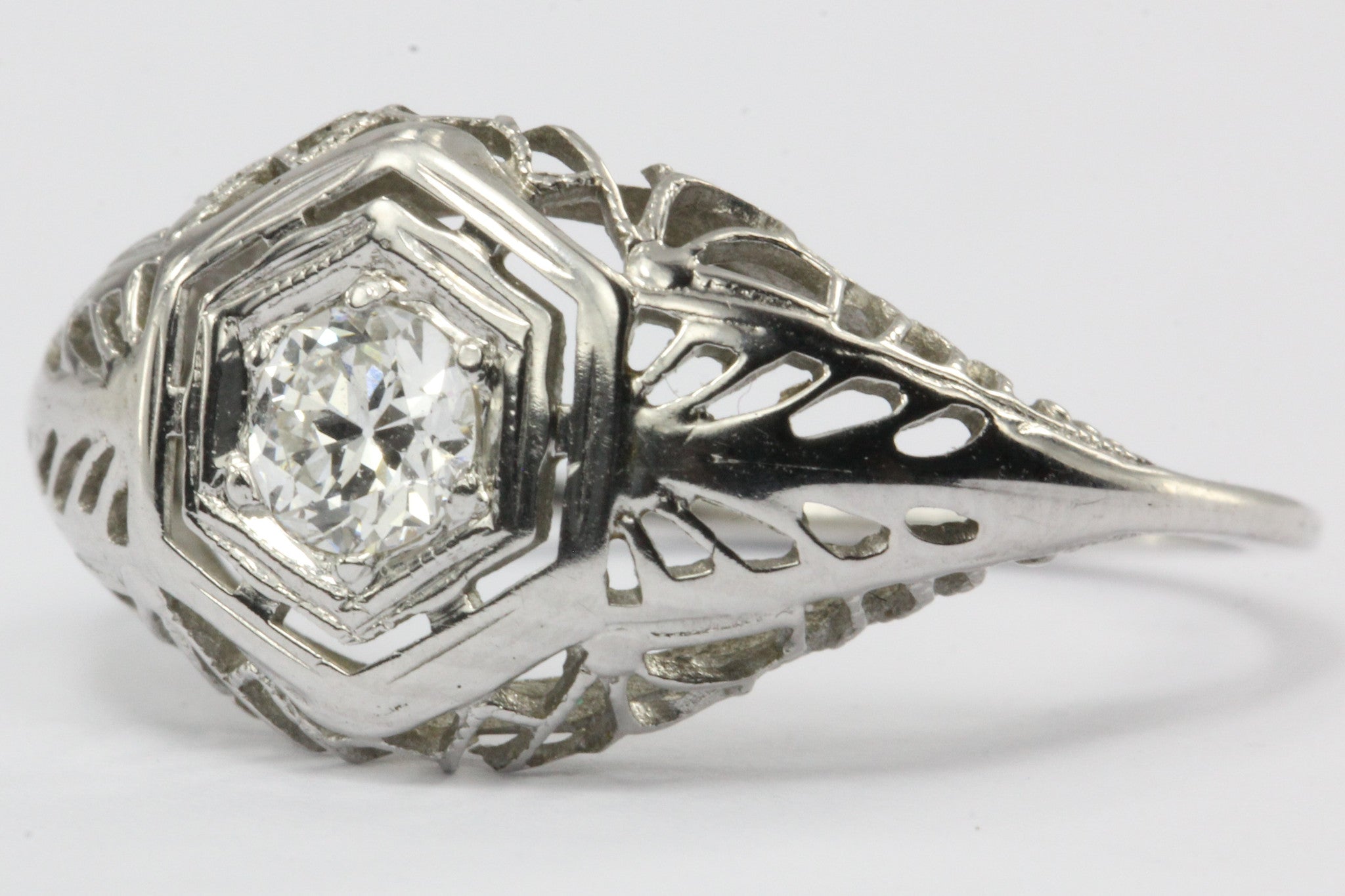 Antique Art Deco 18K White Gold Old European Cut Diamond Engagement Ring - Queen May