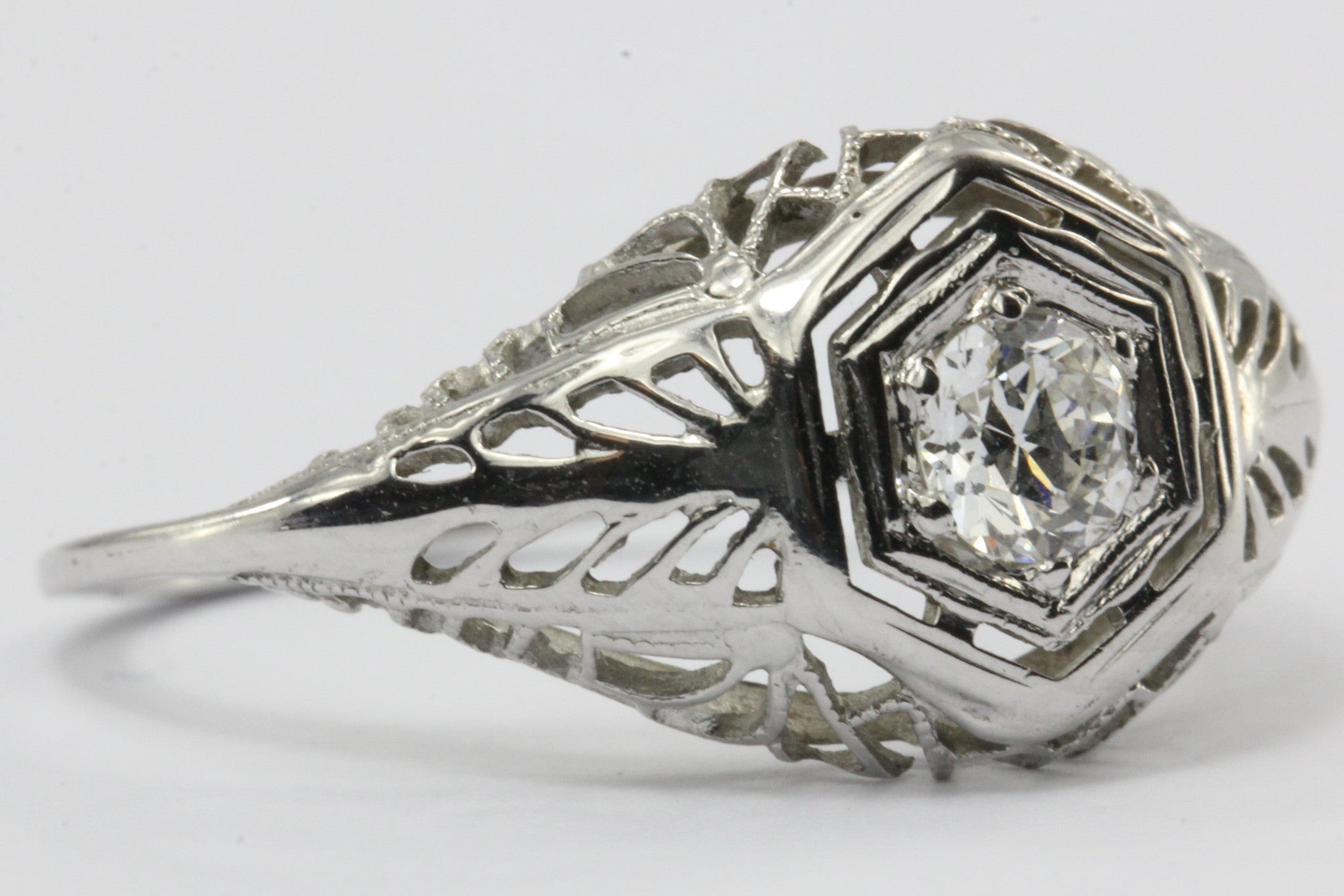 Antique Art Deco 18K White Gold Old European Cut Diamond Engagement Ring - Queen May