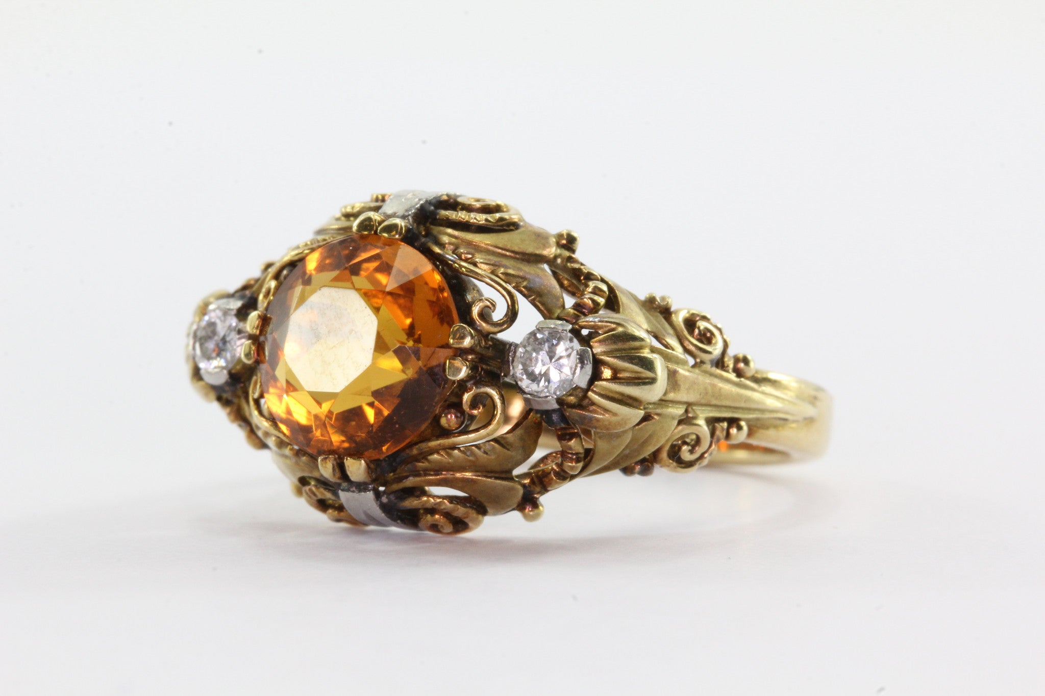 Art Nouveau Revival 14K Gold Citrine Diamond Ring - Queen May