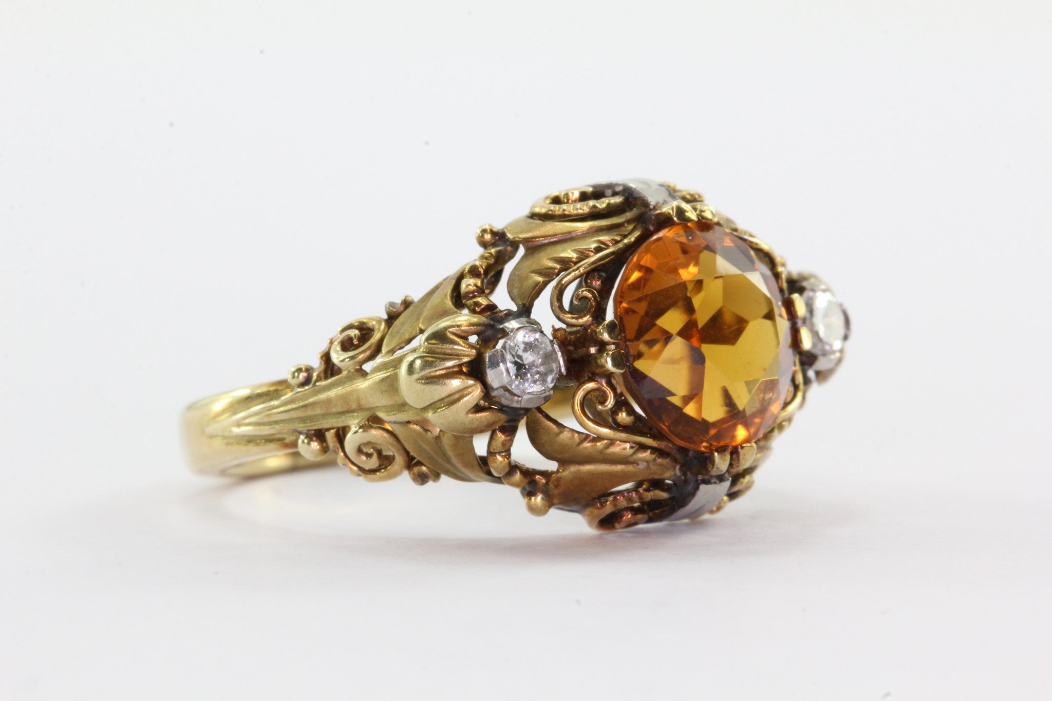 Art Nouveau Revival 14K Gold Citrine Diamond Ring - Queen May