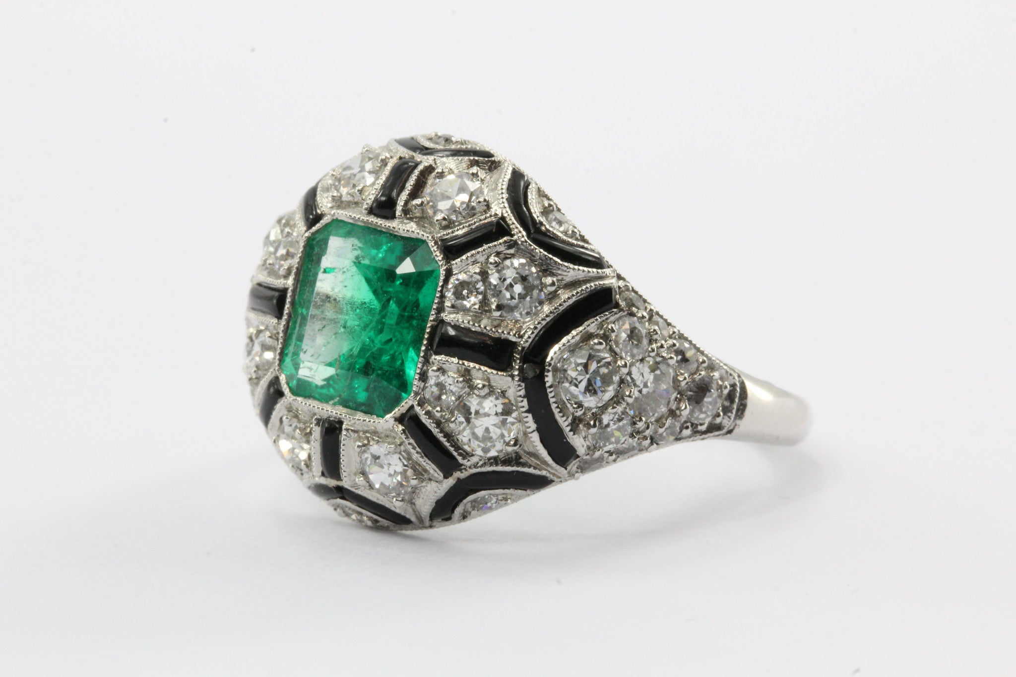 Art Deco Revival Platinum Emerald Diamond Black Enamel Ring - Queen May