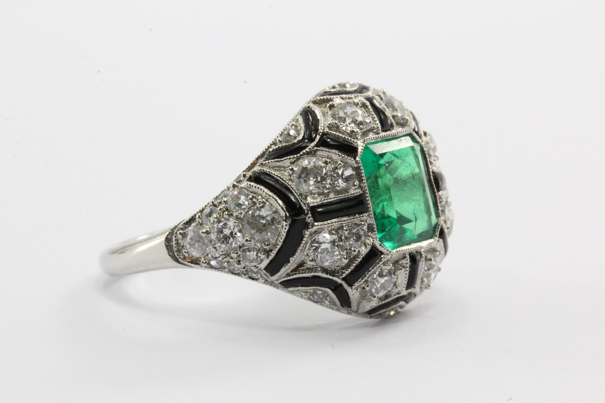 Art Deco Revival Platinum Emerald Diamond Black Enamel Ring - Queen May