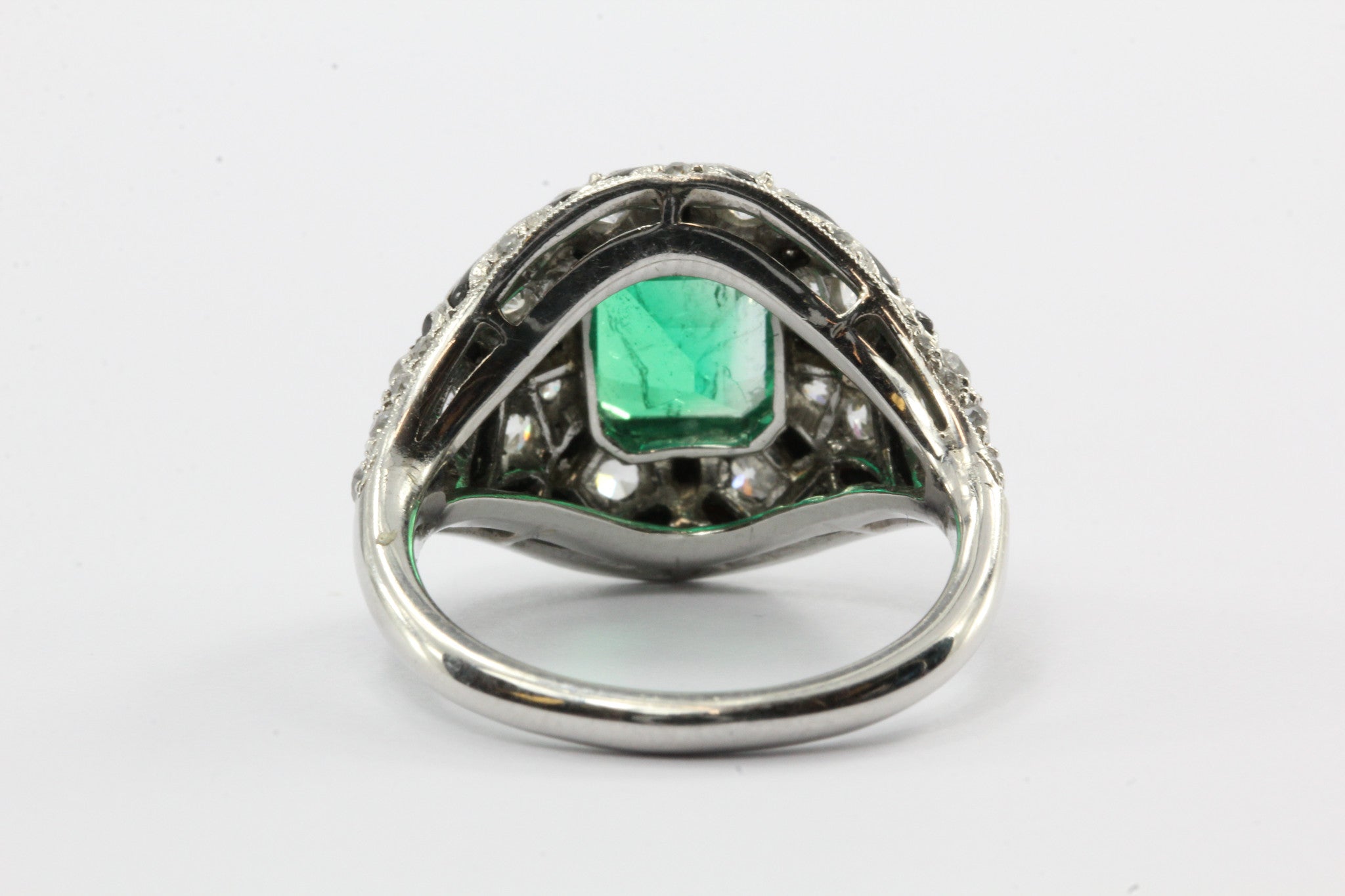 Art Deco Revival Platinum Emerald Diamond Black Enamel Ring - Queen May