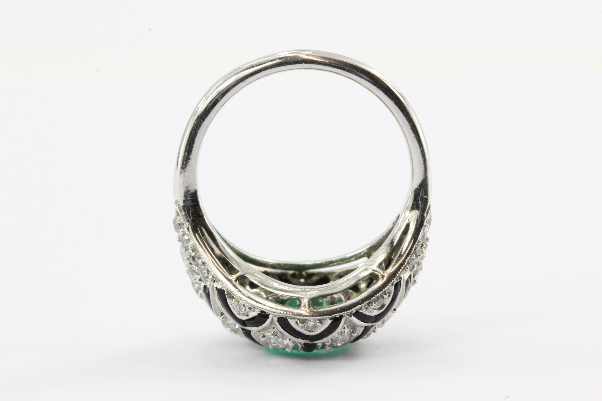 Art Deco Revival Platinum Emerald Diamond Black Enamel Ring - Queen May