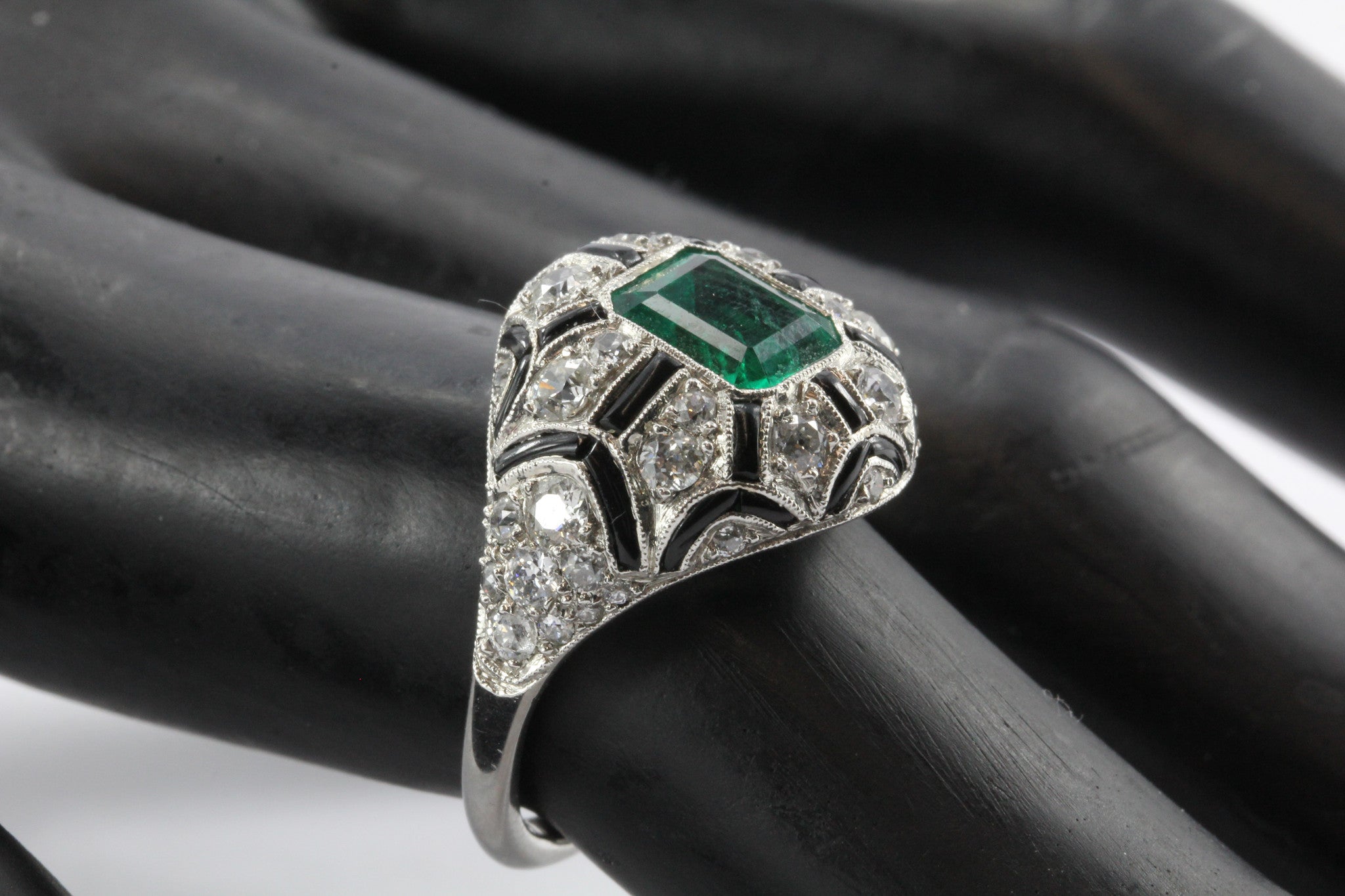 Art Deco Revival Platinum Emerald Diamond Black Enamel Ring - Queen May