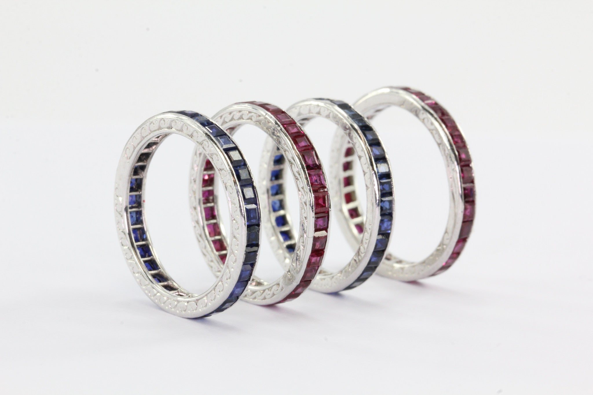 4 Stackable Art Deco Tiffany & Co Platinum Ruby Sapphire Eternity Bands c.1930 - Queen May
