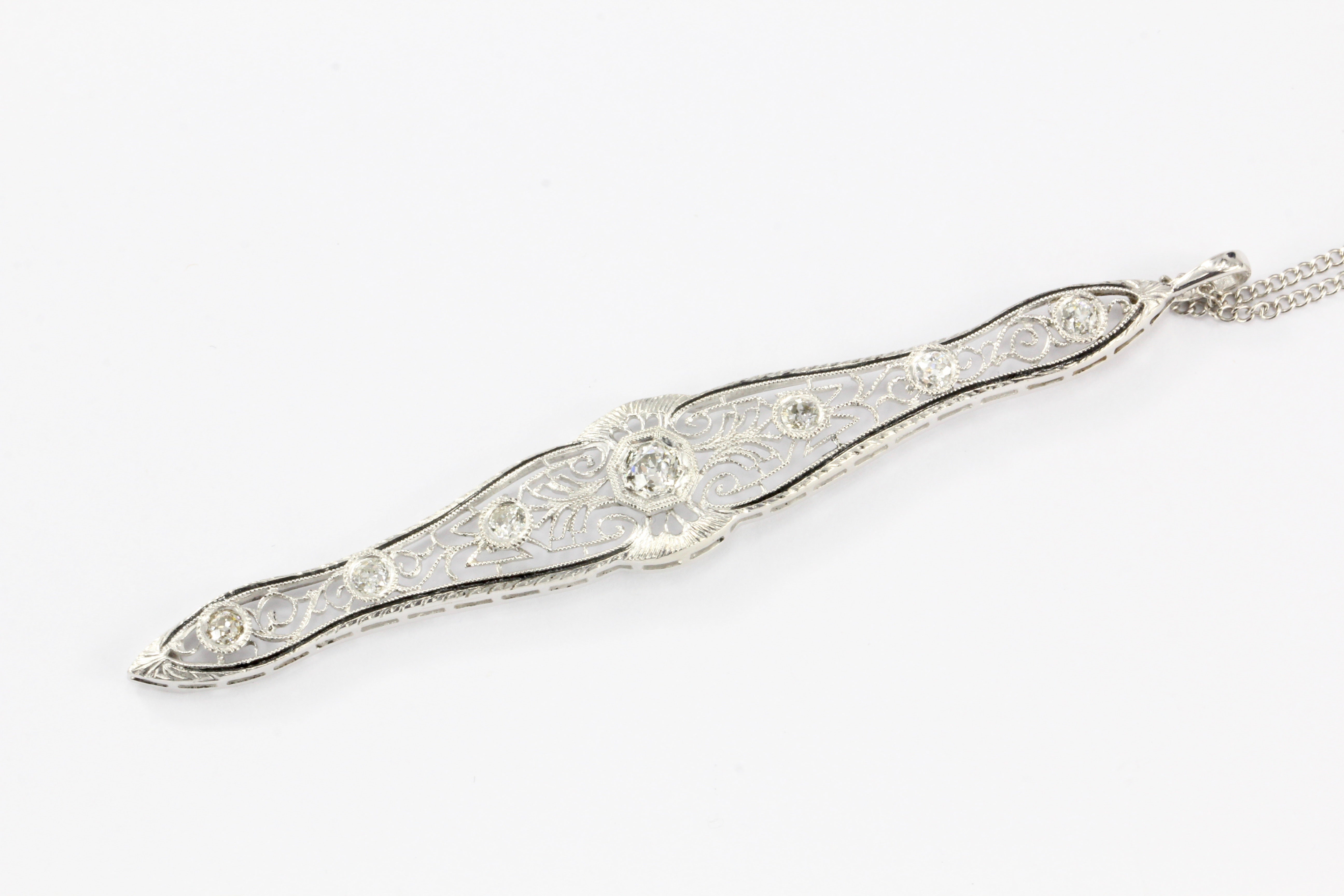 Art Deco 14k White Gold and Old European Cut Diamond Filigree Conversion Pendant - Queen May