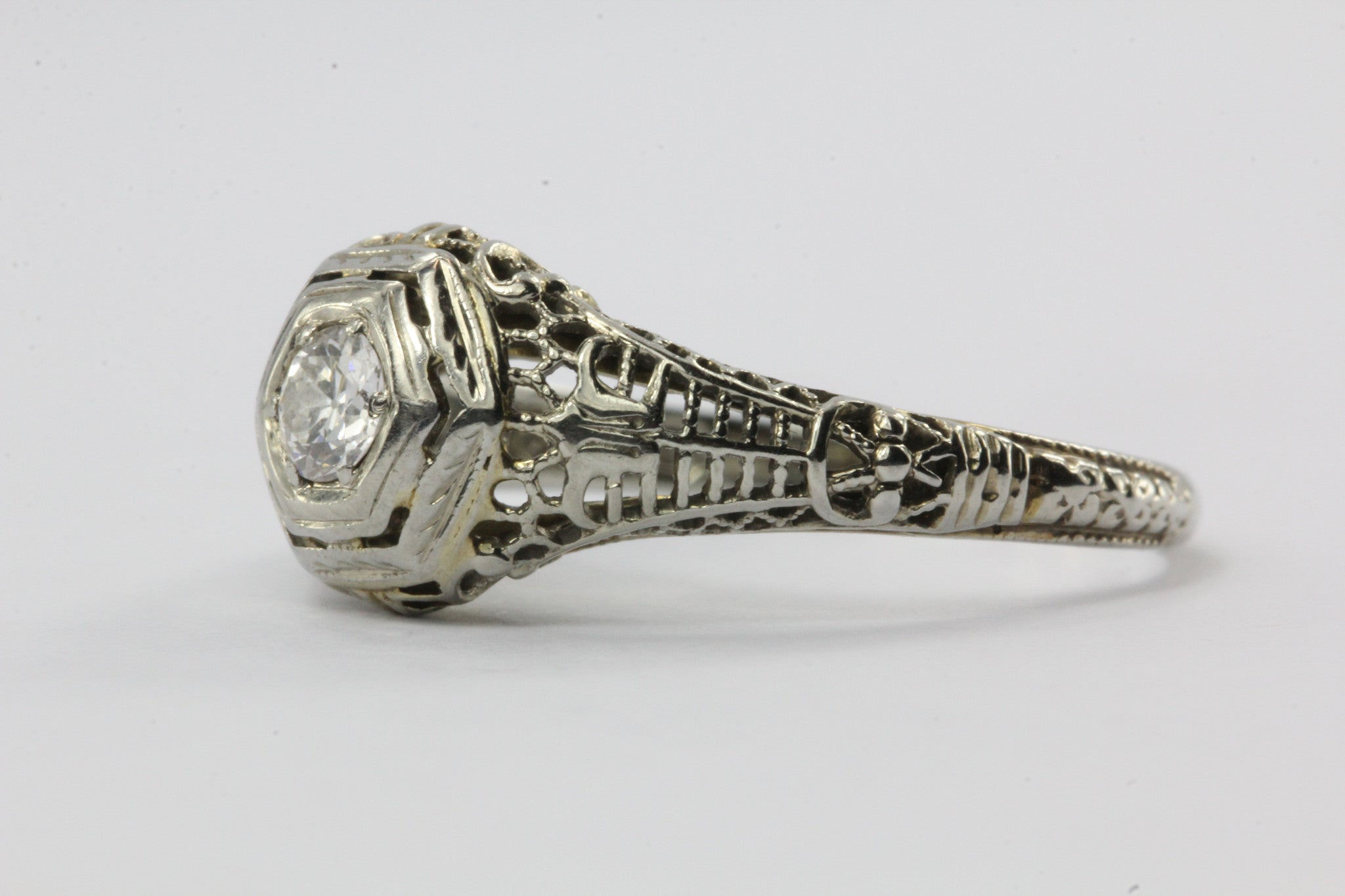 Antique Art Deco 18K White Gold Diamond Engagement Ring by Ciner Co of New York - Queen May
