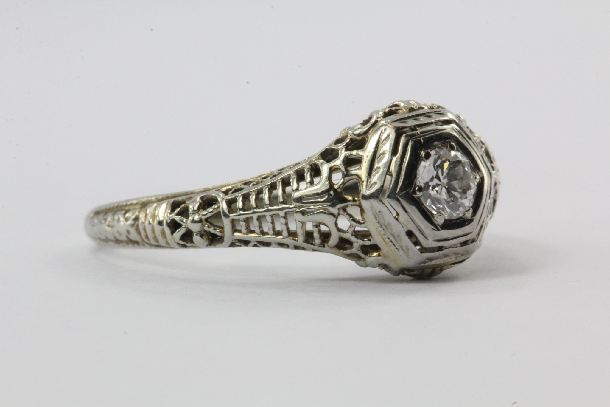 Antique Art Deco 18K White Gold Diamond Engagement Ring by Ciner Co of New York - Queen May