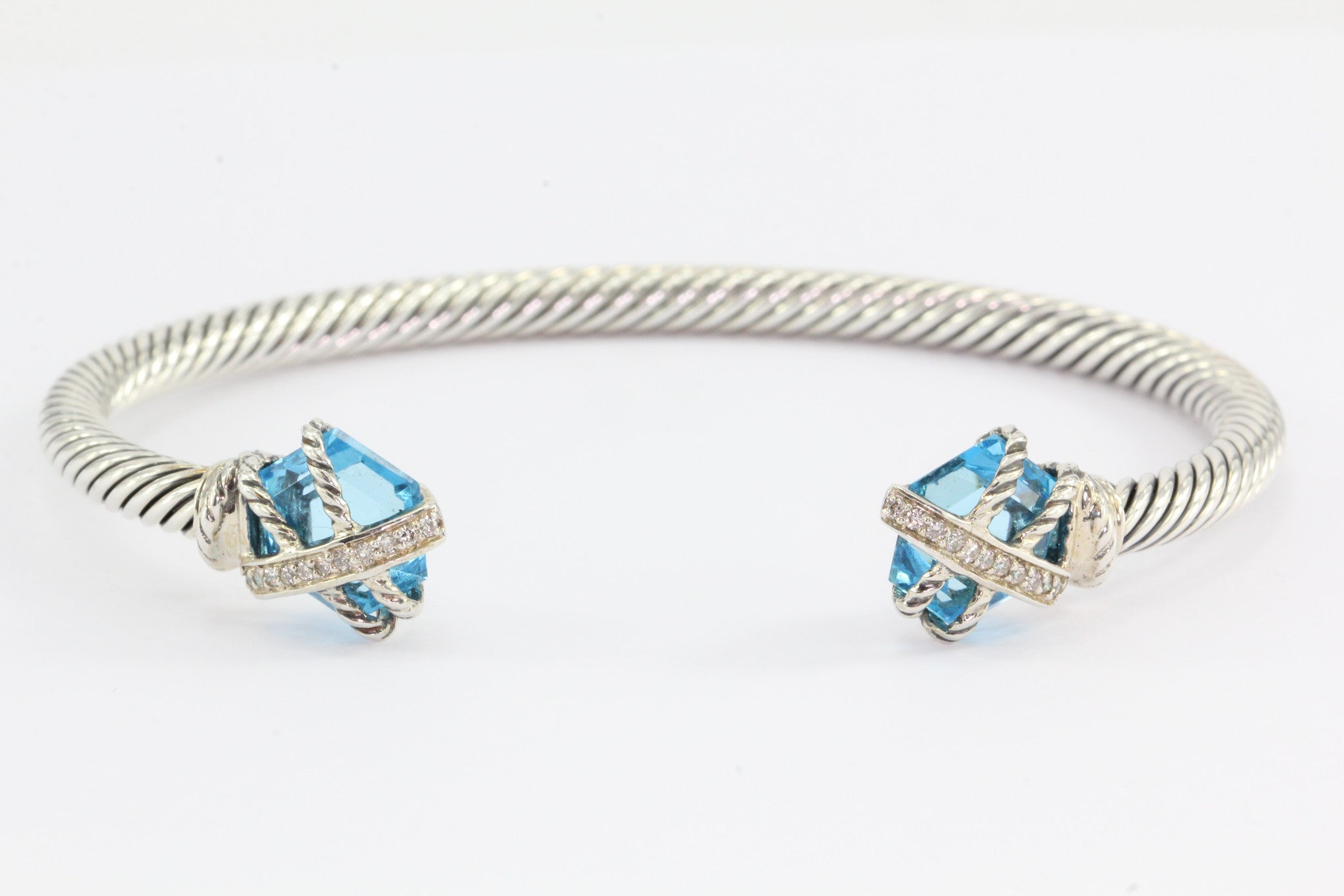 David Yurman Sterling Silver Cable Wrap with Blue Topaz Diamond Cuff Bracelet - Queen May