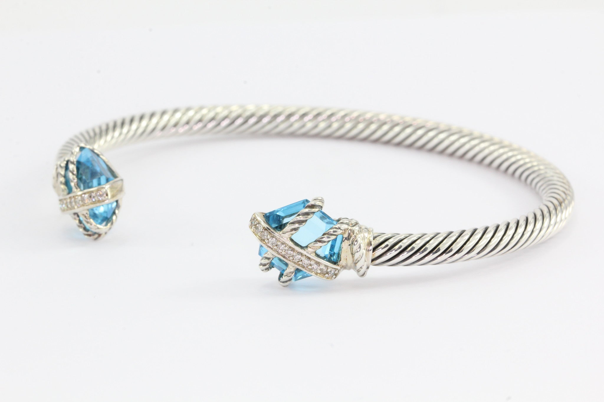 David Yurman Sterling Silver Cable Wrap with Blue Topaz Diamond Cuff Bracelet - Queen May