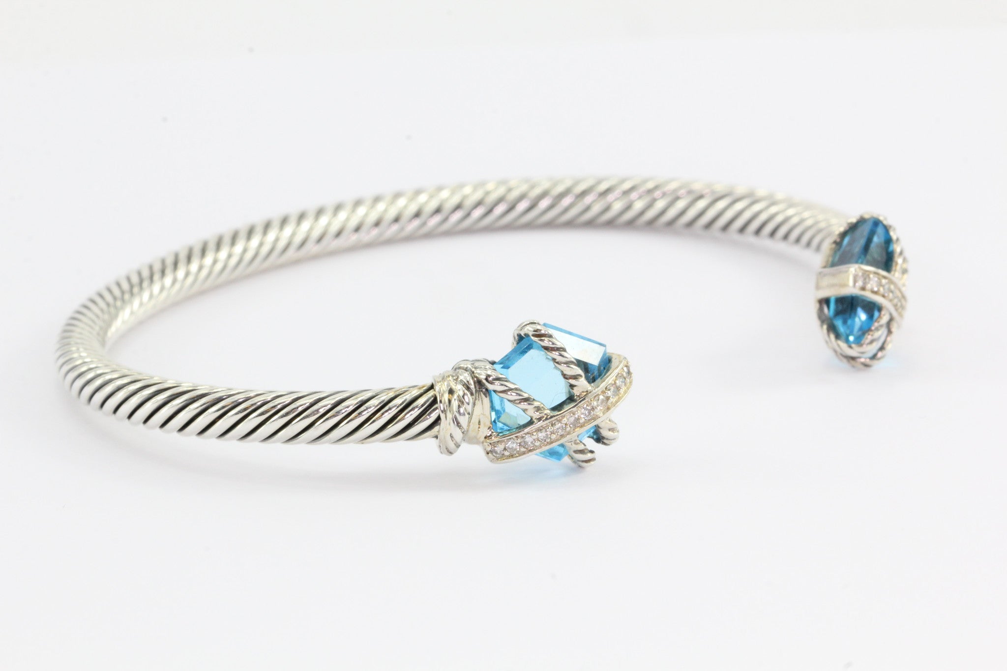 David Yurman Sterling Silver Cable Wrap with Blue Topaz Diamond Cuff Bracelet - Queen May